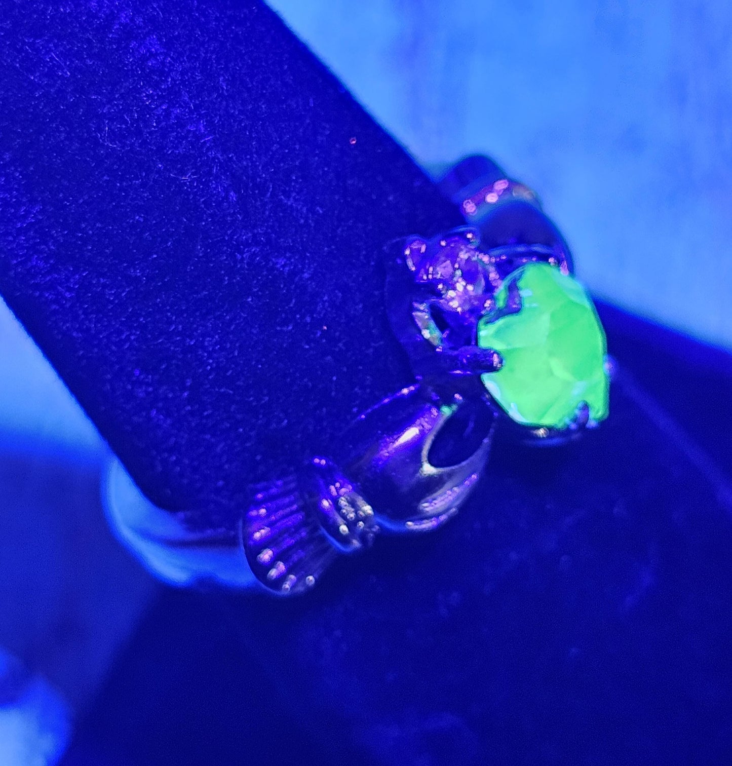 Uranium Glass Heart cut Claddagh Ring in size 6 to 10 new Silver plated with a vintage Uranium glass stone that glows under black/UV light