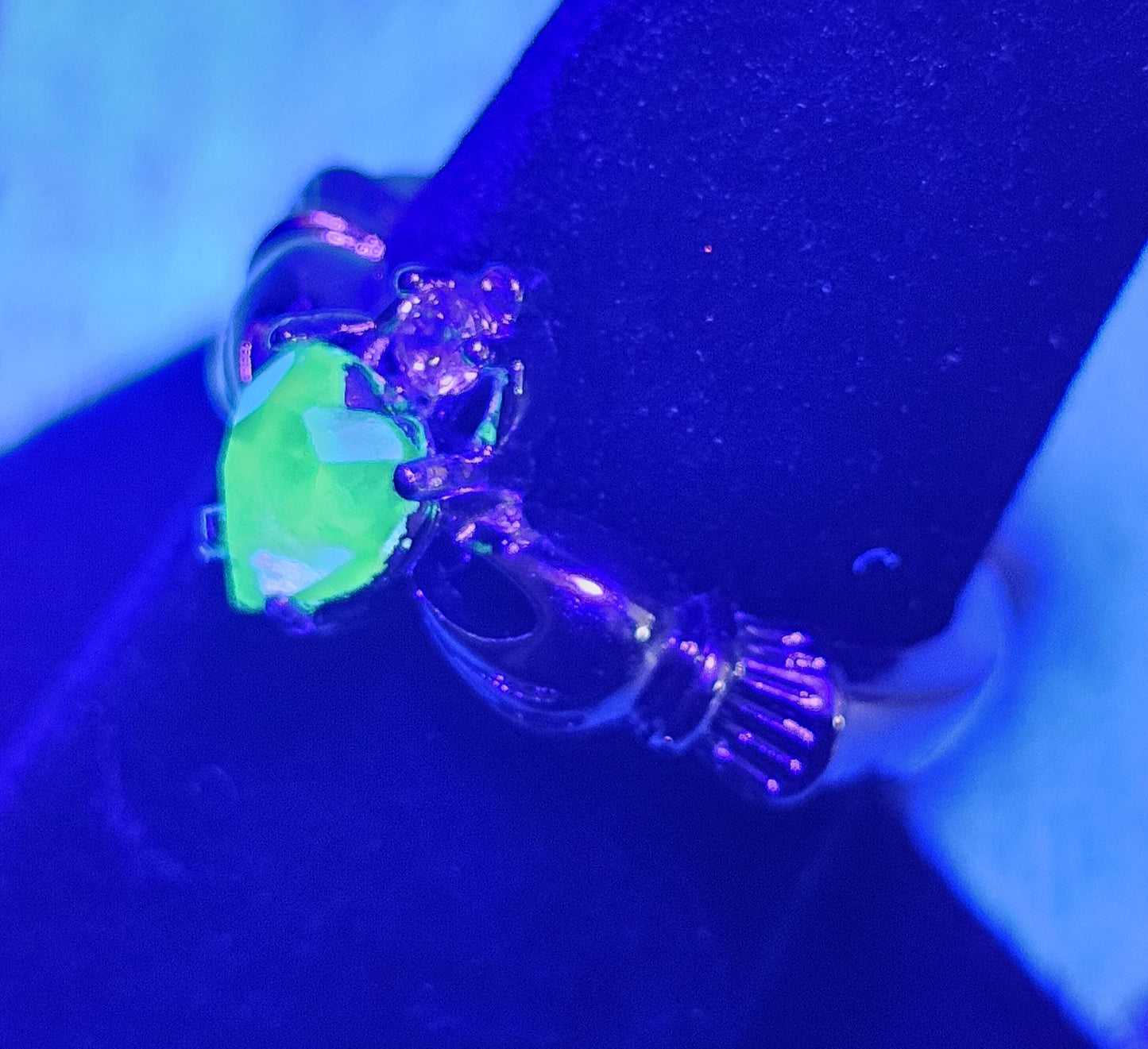Uranium Glass Heart cut Claddagh Ring in size 6 to 10 new Silver plated with a vintage Uranium glass stone that glows under black/UV light