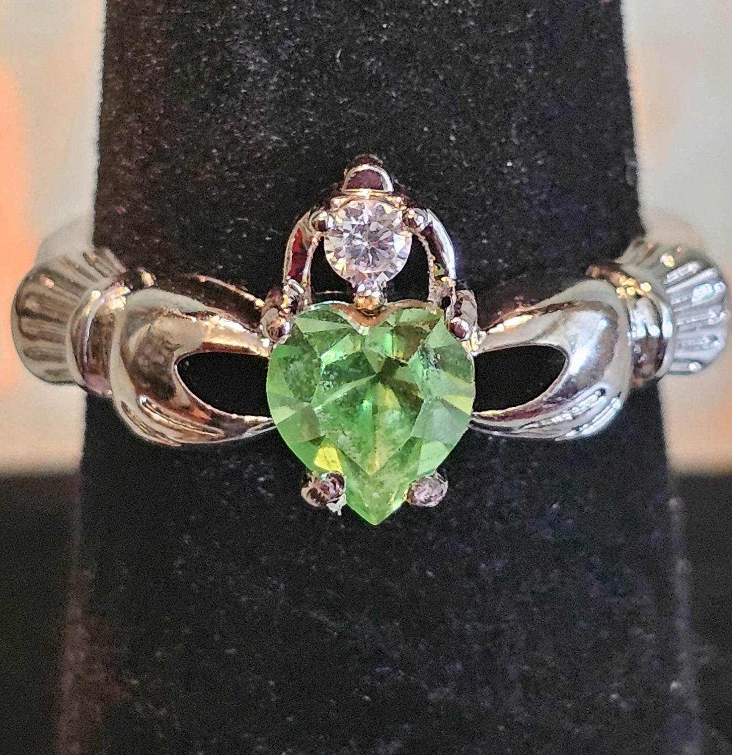 Uranium Glass Heart cut Claddagh Ring in size 6 to 10 new Silver plated with a vintage Uranium glass stone that glows under black/UV light