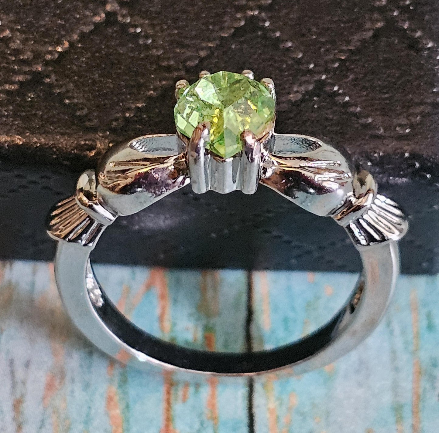 Uranium Glass Heart cut Claddagh Ring in size 6 to 10 new Silver plated with a vintage Uranium glass stone that glows under black/UV light