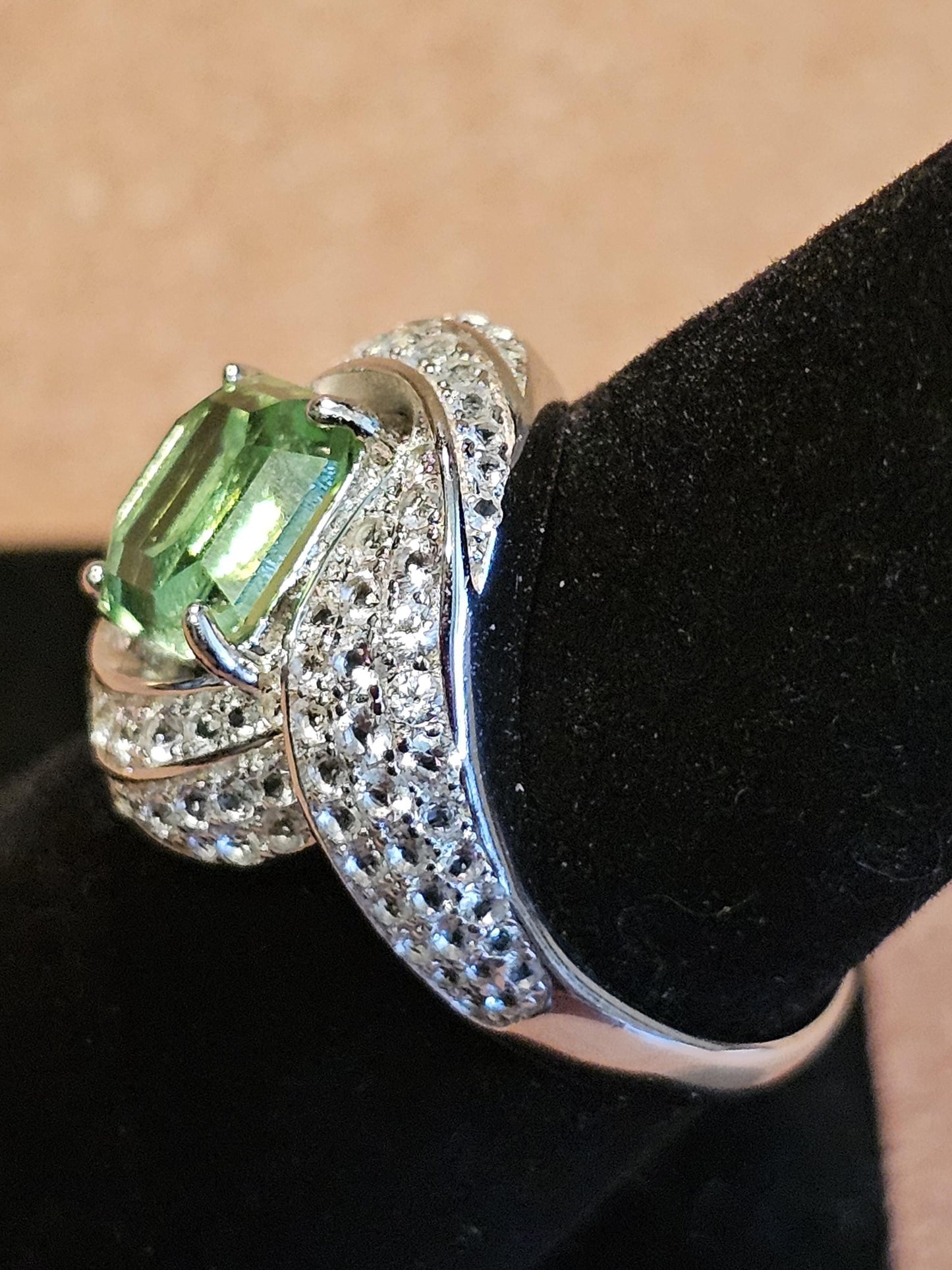 Uranium Glass Asscher cut Ring size 7.5 new Sterling Silver large vintage Uranium glass Square stone that glows under black / UV light