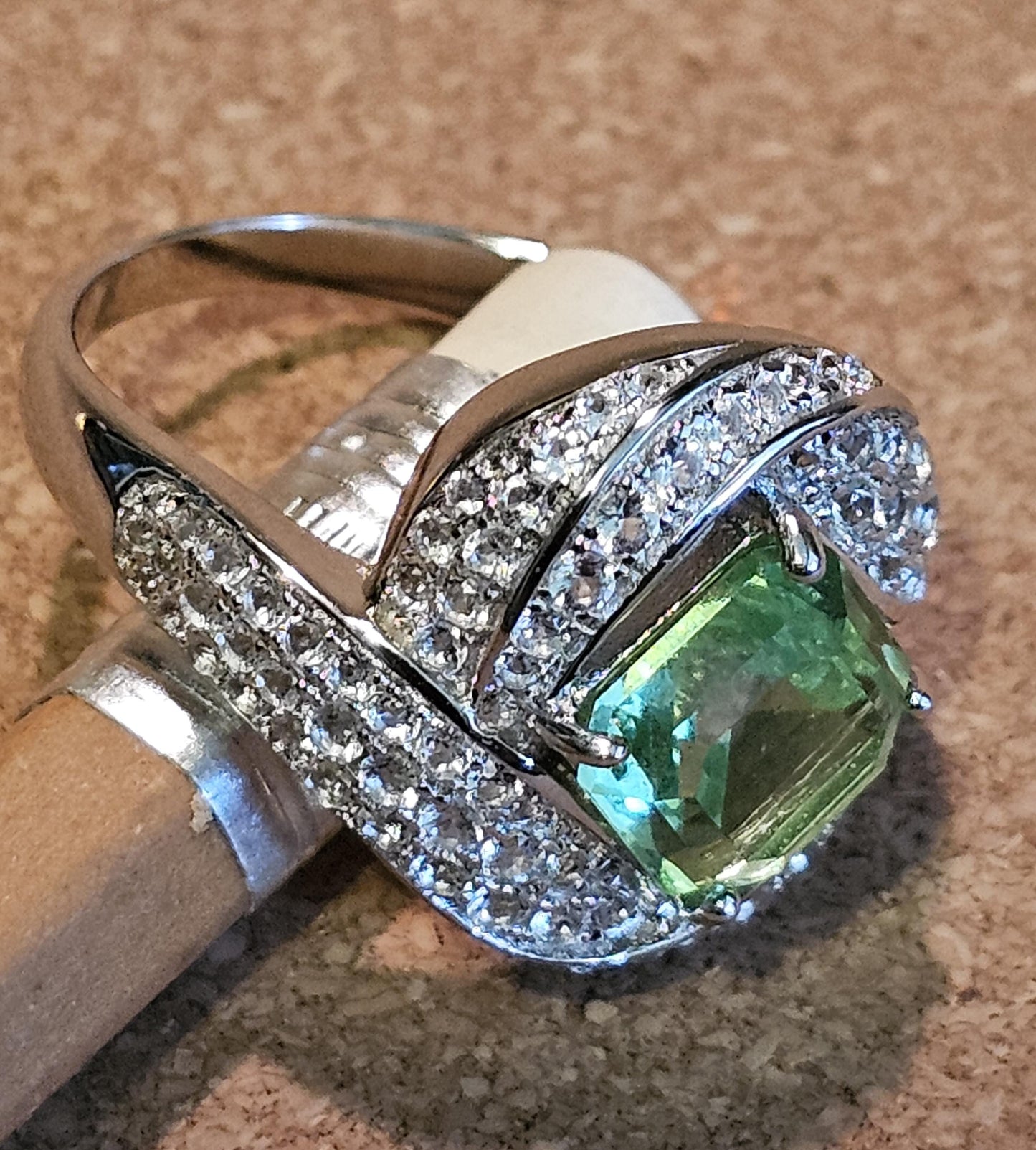 Uranium Glass Asscher cut Ring size 7.5 new Sterling Silver large vintage Uranium glass Square stone that glows under black / UV light