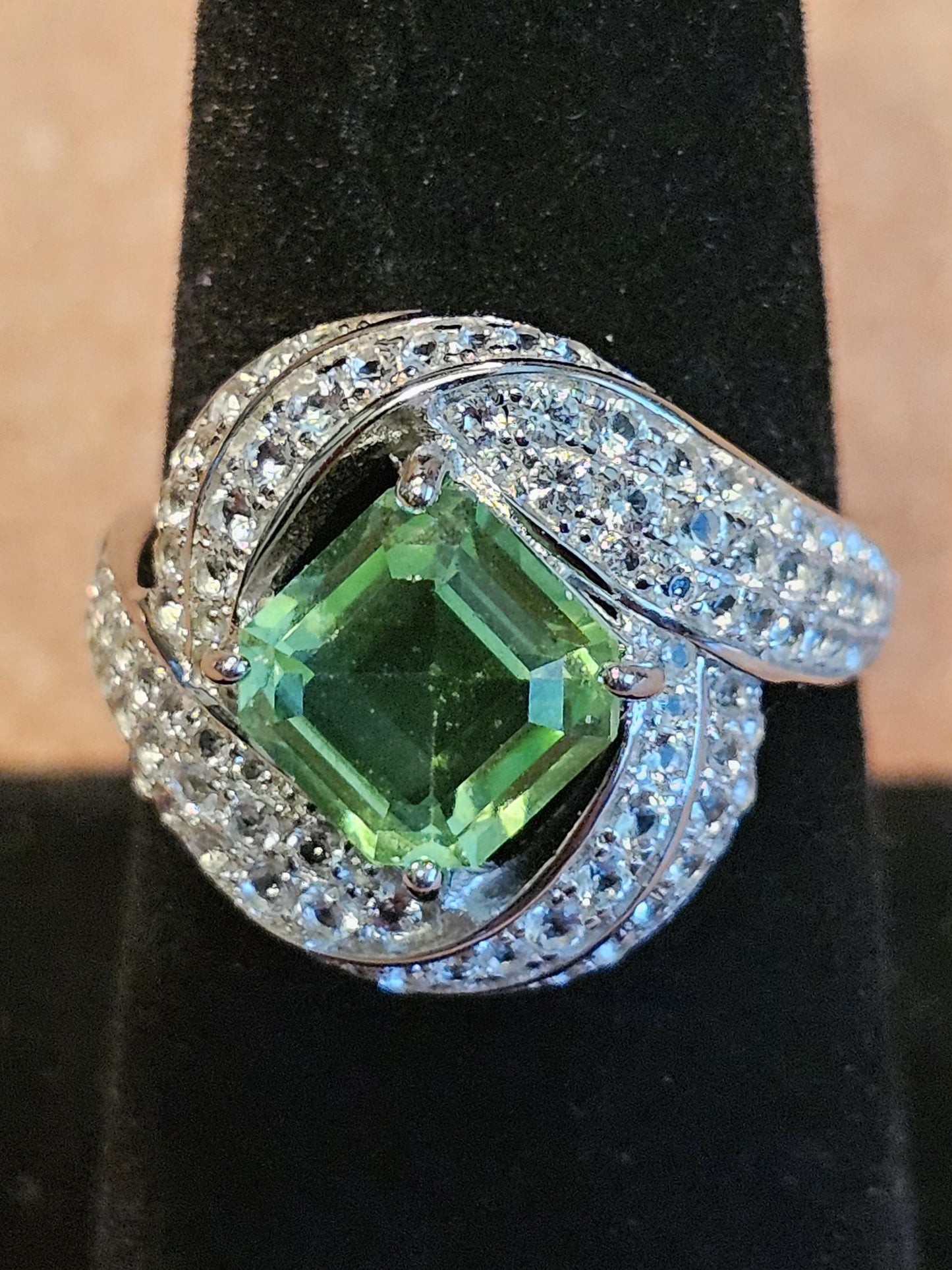 Uranium Glass Asscher cut Ring size 7.5 new Sterling Silver large vintage Uranium glass Square stone that glows under black / UV light