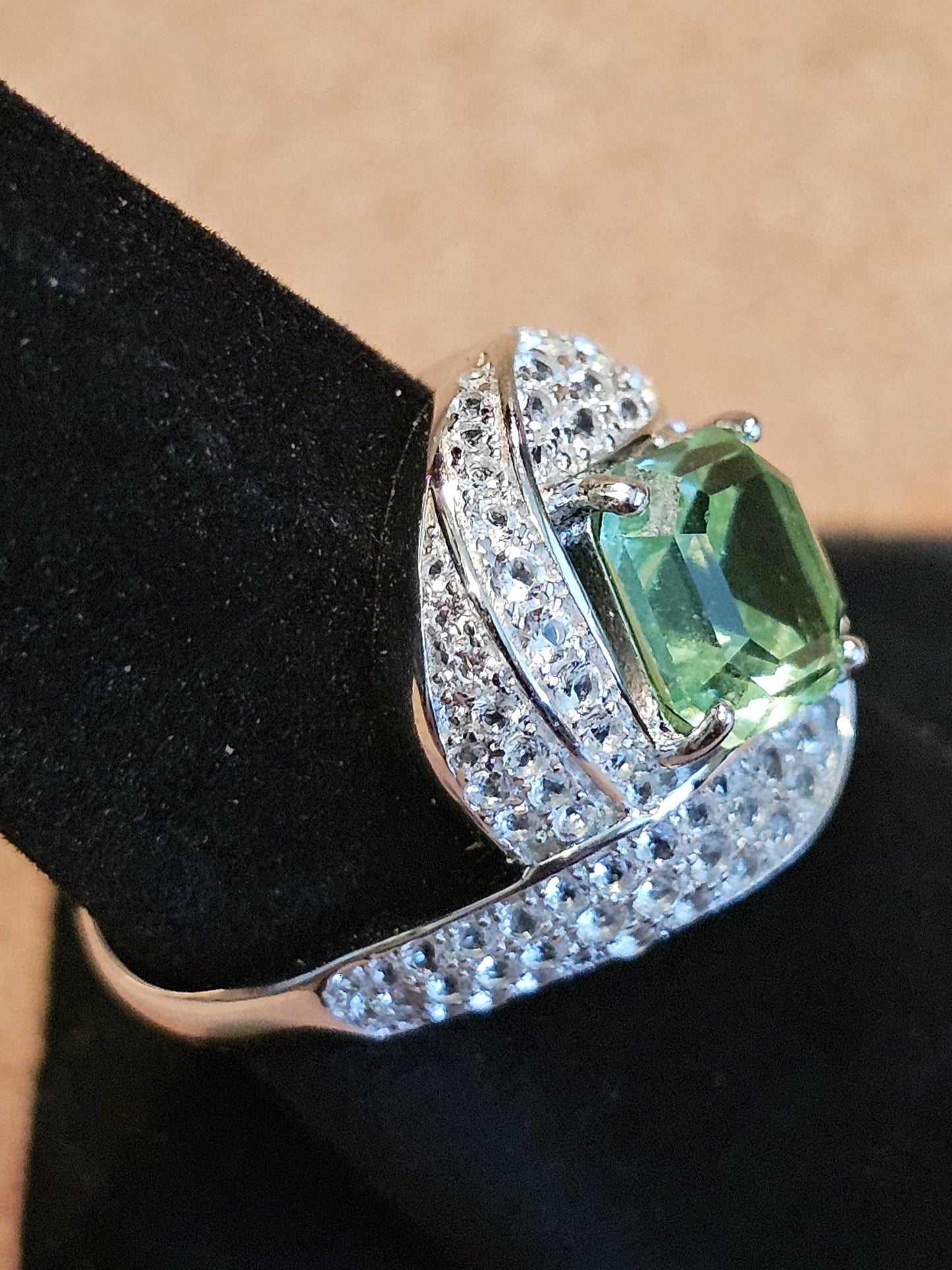 Uranium Glass Asscher cut Ring size 7.5 new Sterling Silver large vintage Uranium glass Square stone that glows under black / UV light