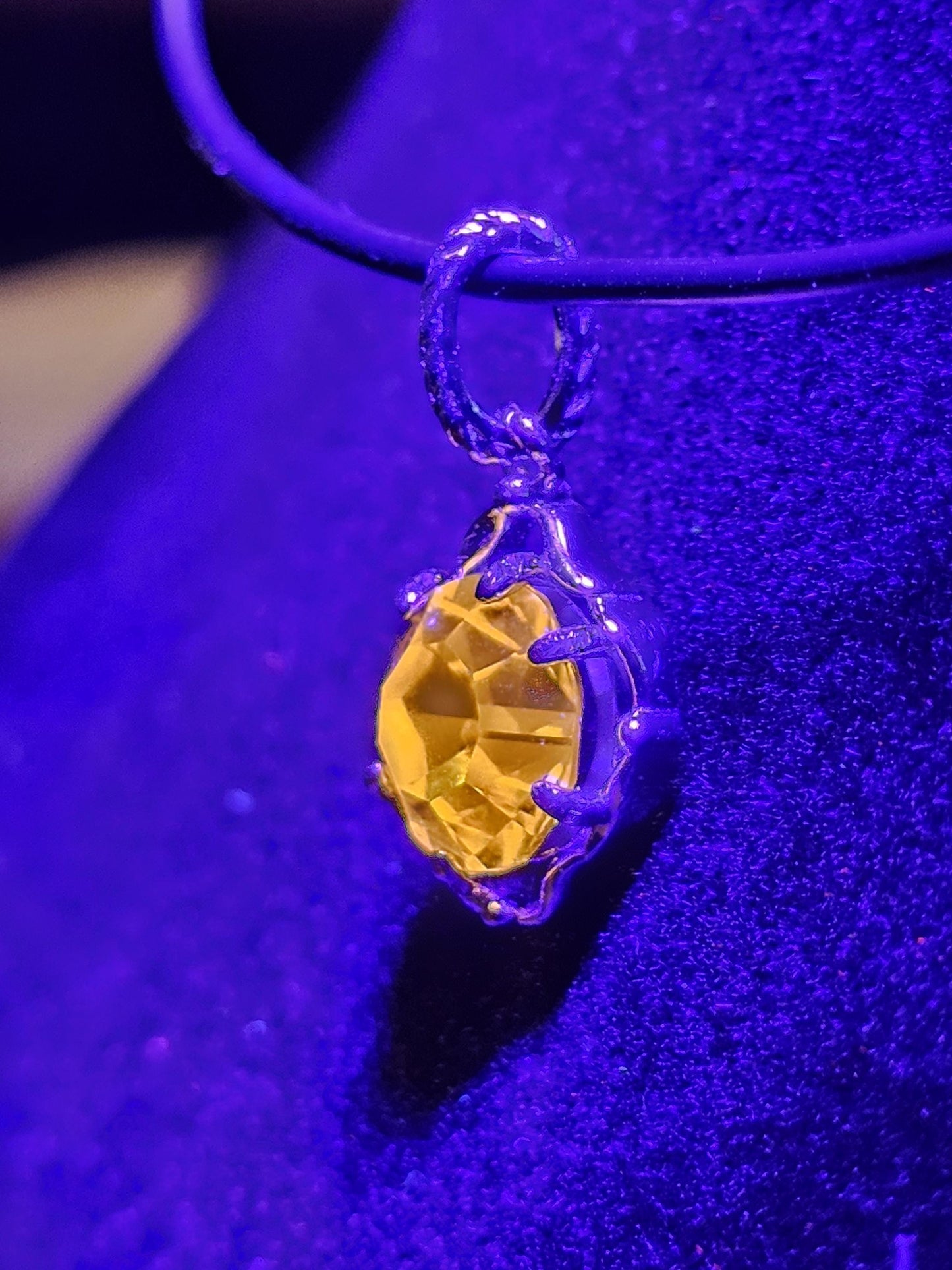 Cadmium Glass Pendant in new Sterling Silver with a vintage 8 mm Round cut Cadmium Glass stone that glows Orange under black / UV light