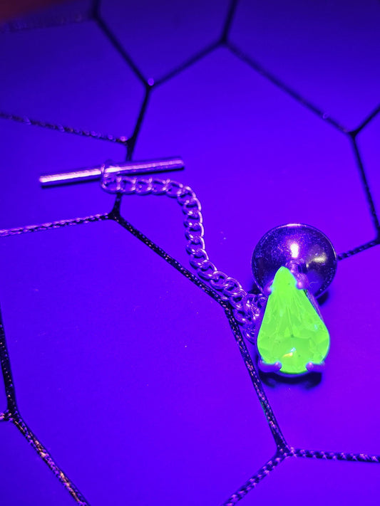 Uranium Glass Tie Tack new Sterling Silver Pear cut vintage Uranium Glass stones in new Sterling Silver that glows under black / UV light