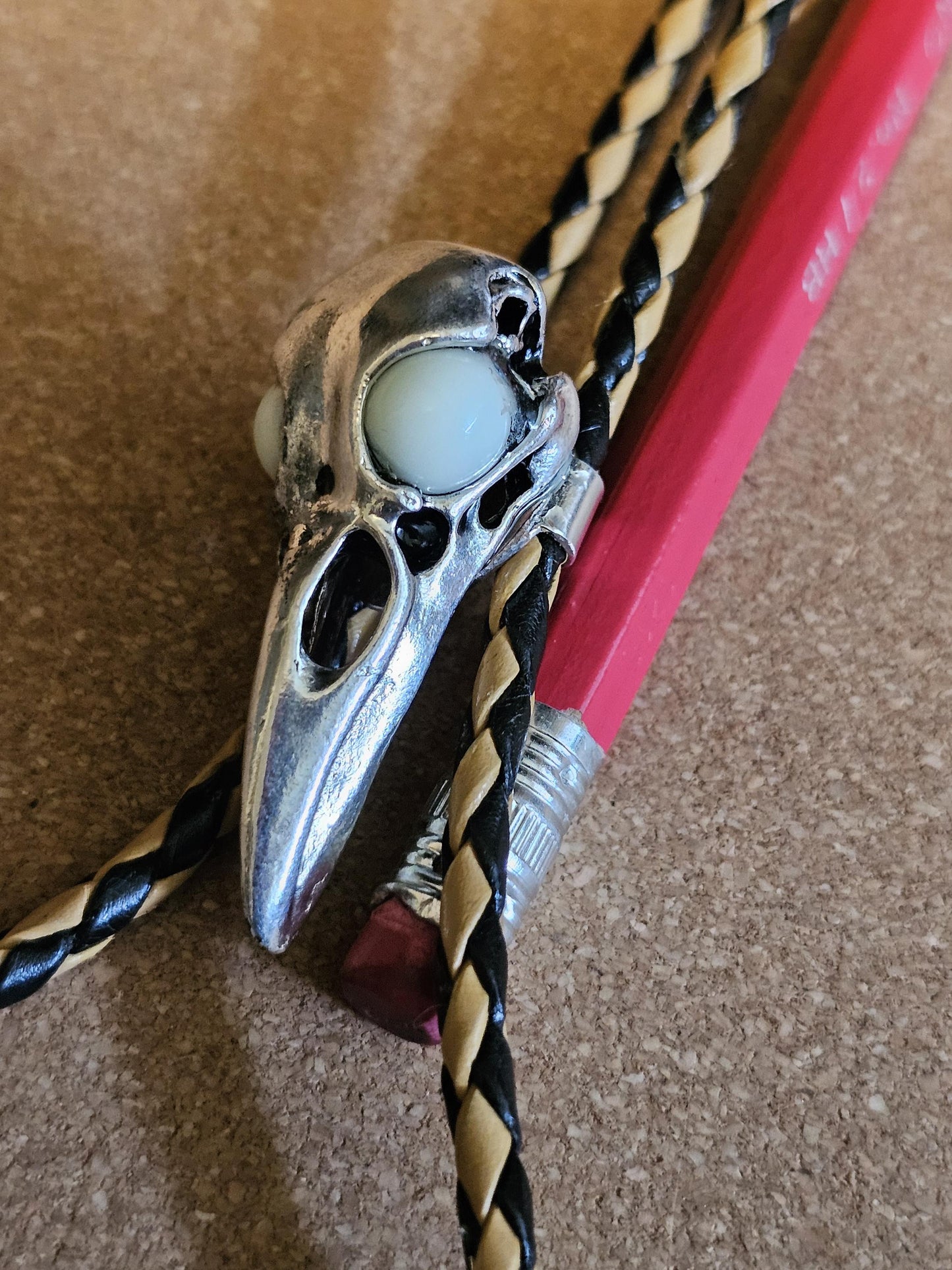 Uranium Glass Bolo Tie Raven skull design leather cord, heavy tips, with vintage Uranium Glass 10 mm beads that glow under black / UV light