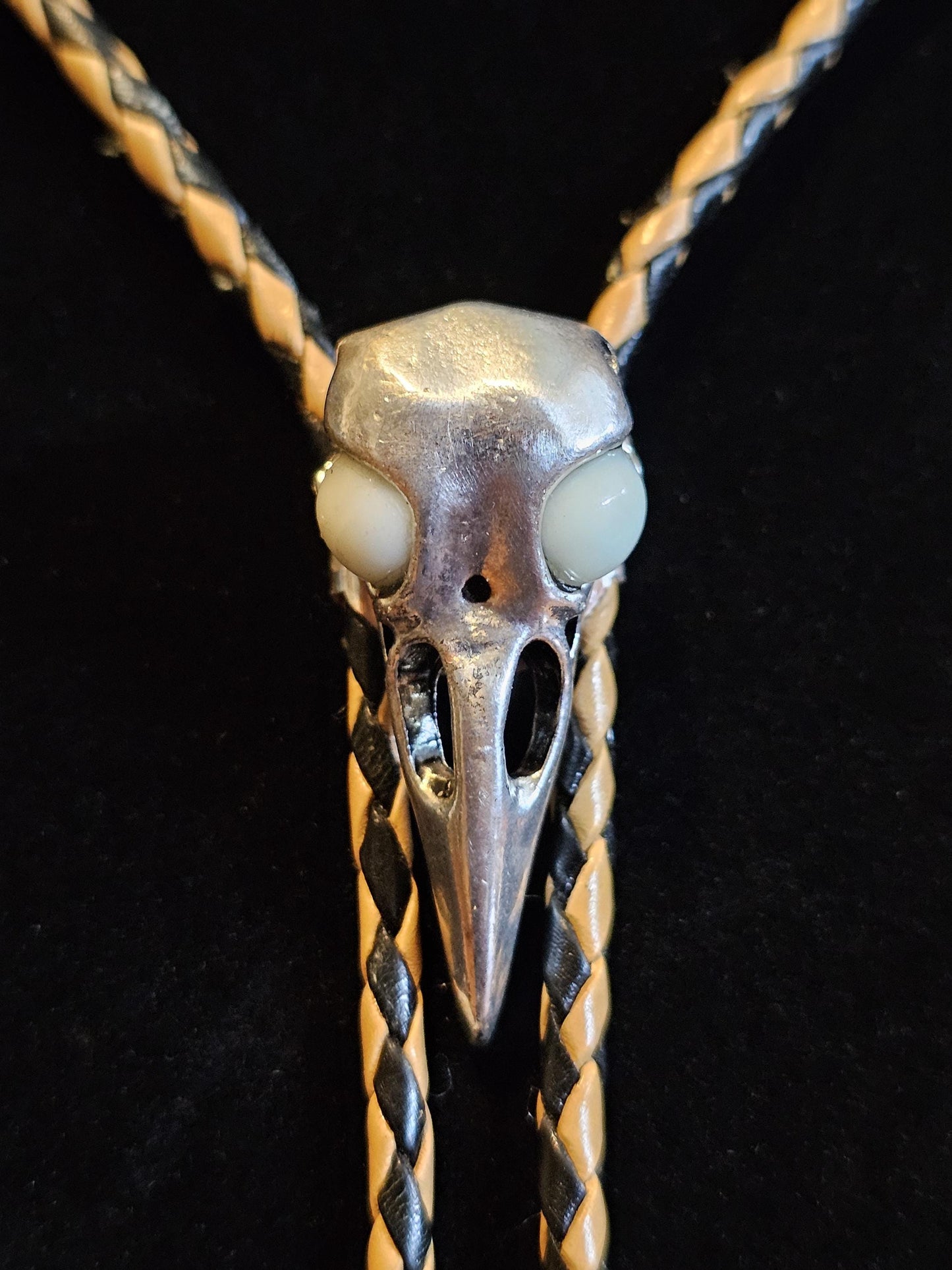 Uranium Glass Bolo Tie Raven skull design leather cord, heavy tips, with vintage Uranium Glass 10 mm beads that glow under black / UV light