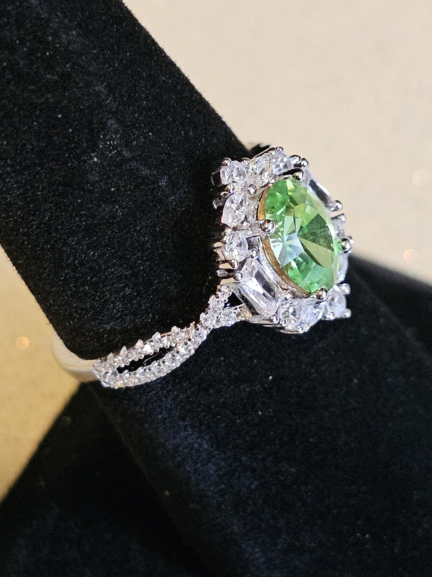 Uranium Glass Oval cut Ring size 7, new Sterling Silver with CZ accents and a vintage Uranium glass stone that glows under black / UV light