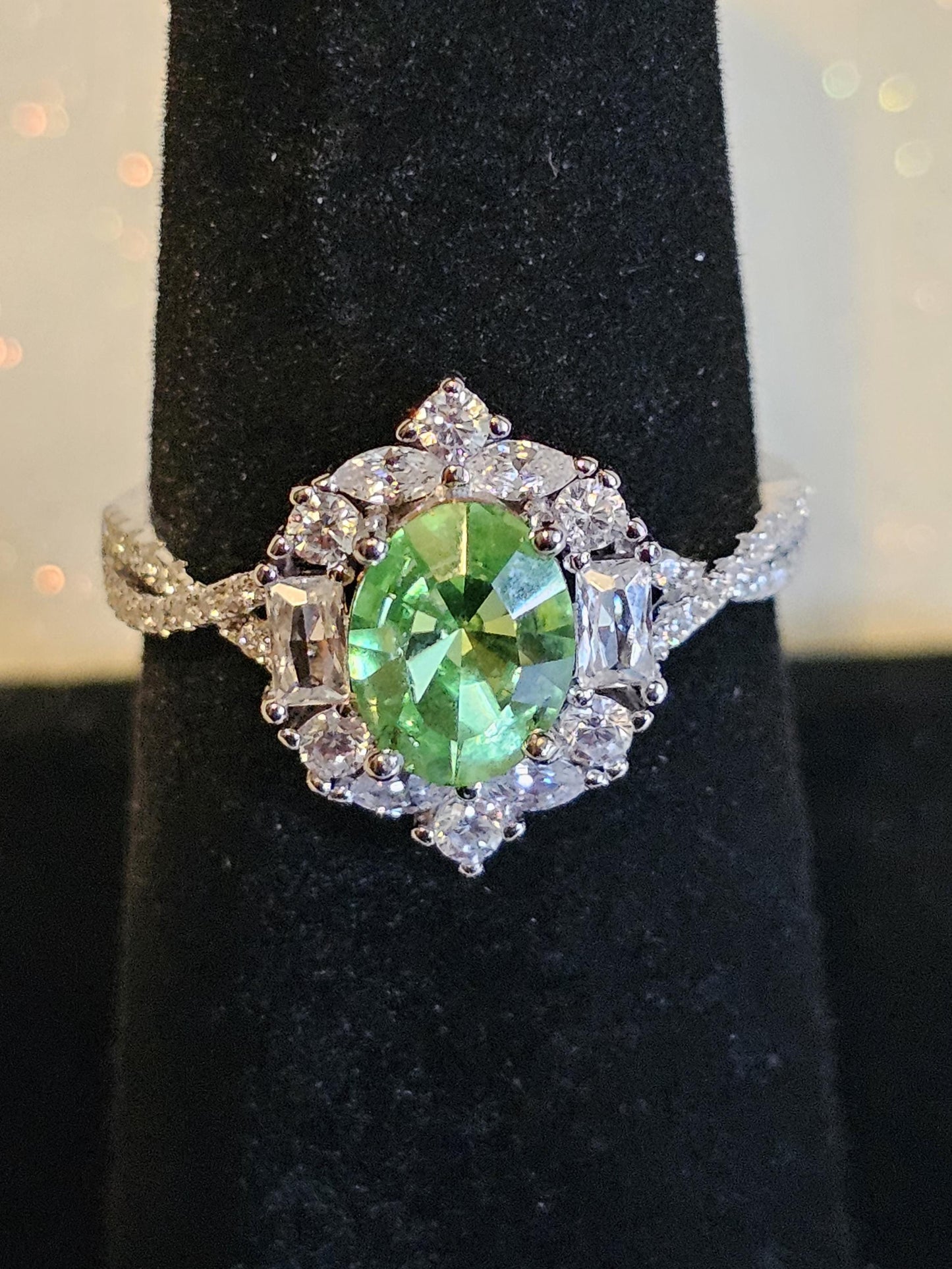 Uranium Glass Oval cut Ring size 7, new Sterling Silver with CZ accents and a vintage Uranium glass stone that glows under black / UV light