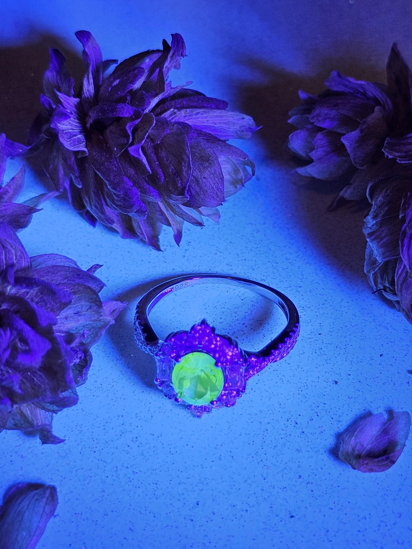 Uranium Glass Oval cut Ring size 7, new Sterling Silver with CZ accents and a vintage Uranium glass stone that glows under black / UV light