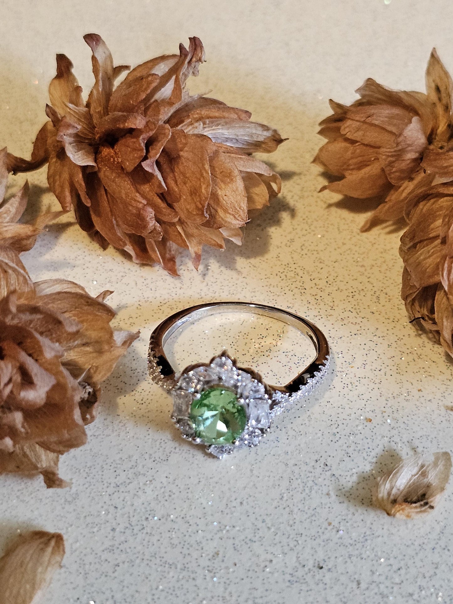 Uranium Glass Oval cut Ring size 7, new Sterling Silver with CZ accents and a vintage Uranium glass stone that glows under black / UV light