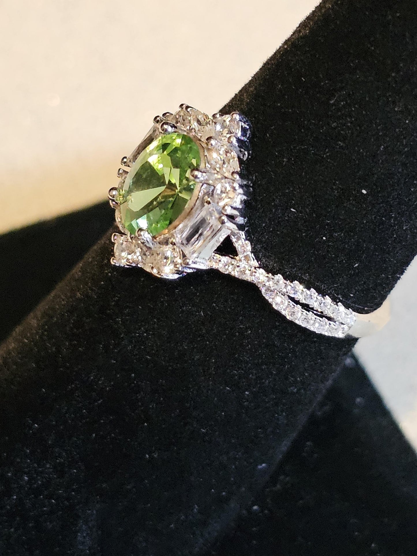 Uranium Glass Oval cut Ring size 7, new Sterling Silver with CZ accents and a vintage Uranium glass stone that glows under black / UV light
