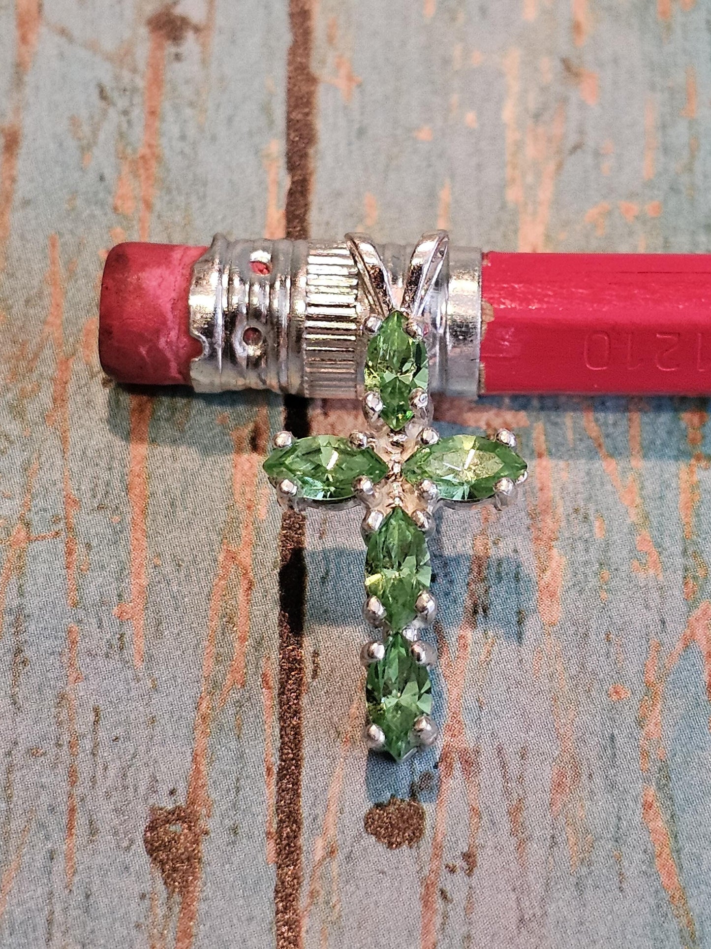 Uranium Glass Pendant new Sterling Silver, Cross design with 6x3 mm vintage Marquee cut Uranium Glass stones that glow under black / UV ligh
