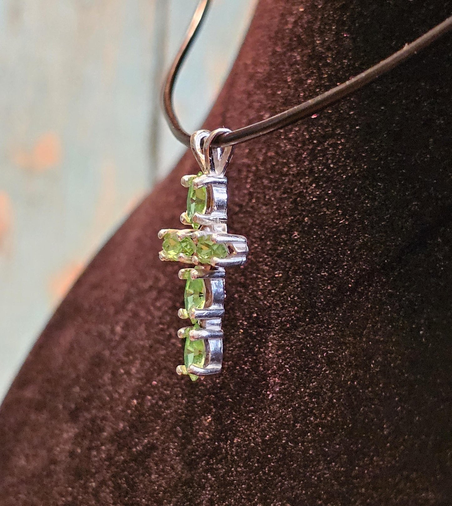 Uranium Glass Pendant new Sterling Silver, Cross design with 6x3 mm vintage Marquee cut Uranium Glass stones that glow under black / UV ligh