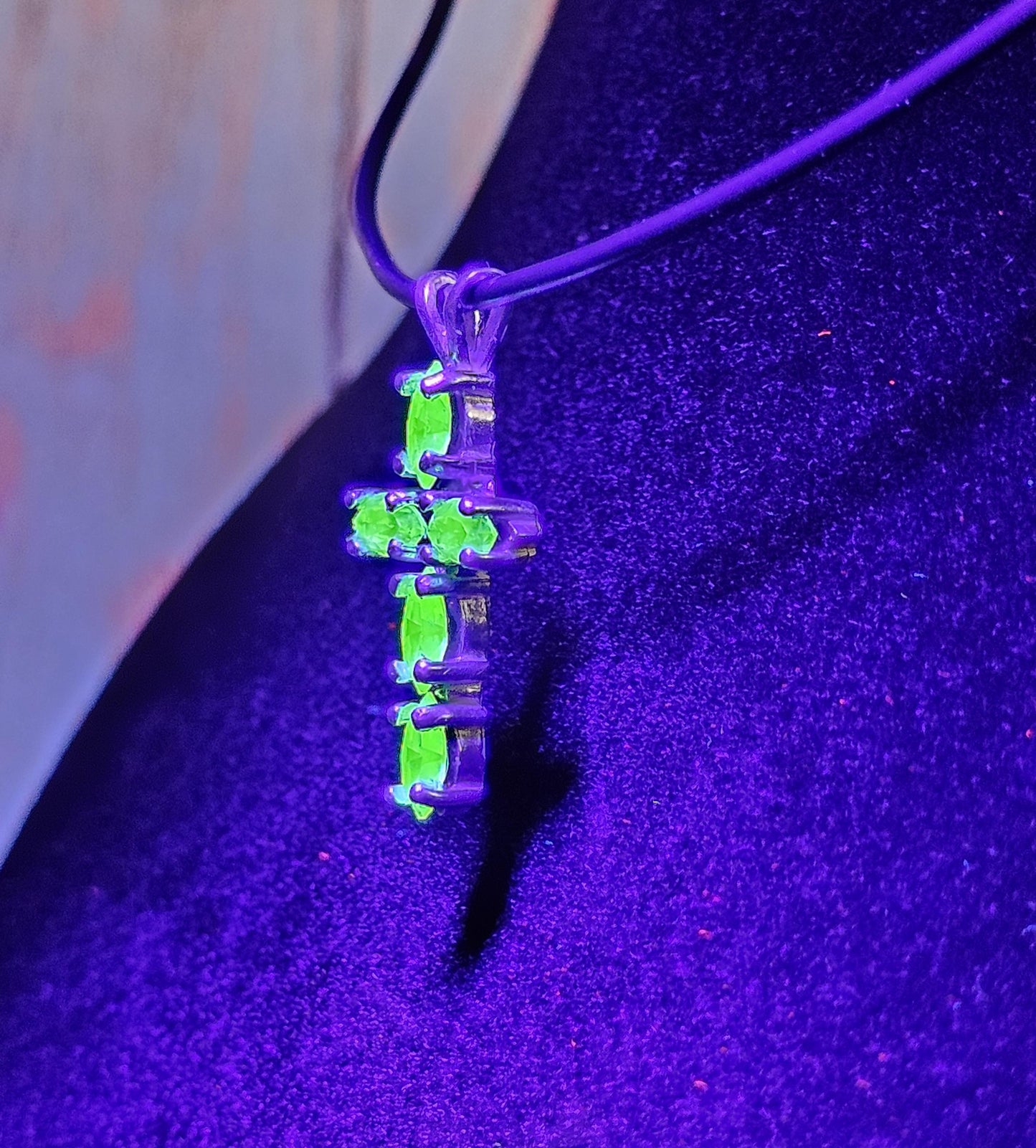 Uranium Glass Pendant new Sterling Silver, Cross design with 6x3 mm vintage Marquee cut Uranium Glass stones that glow under black / UV ligh