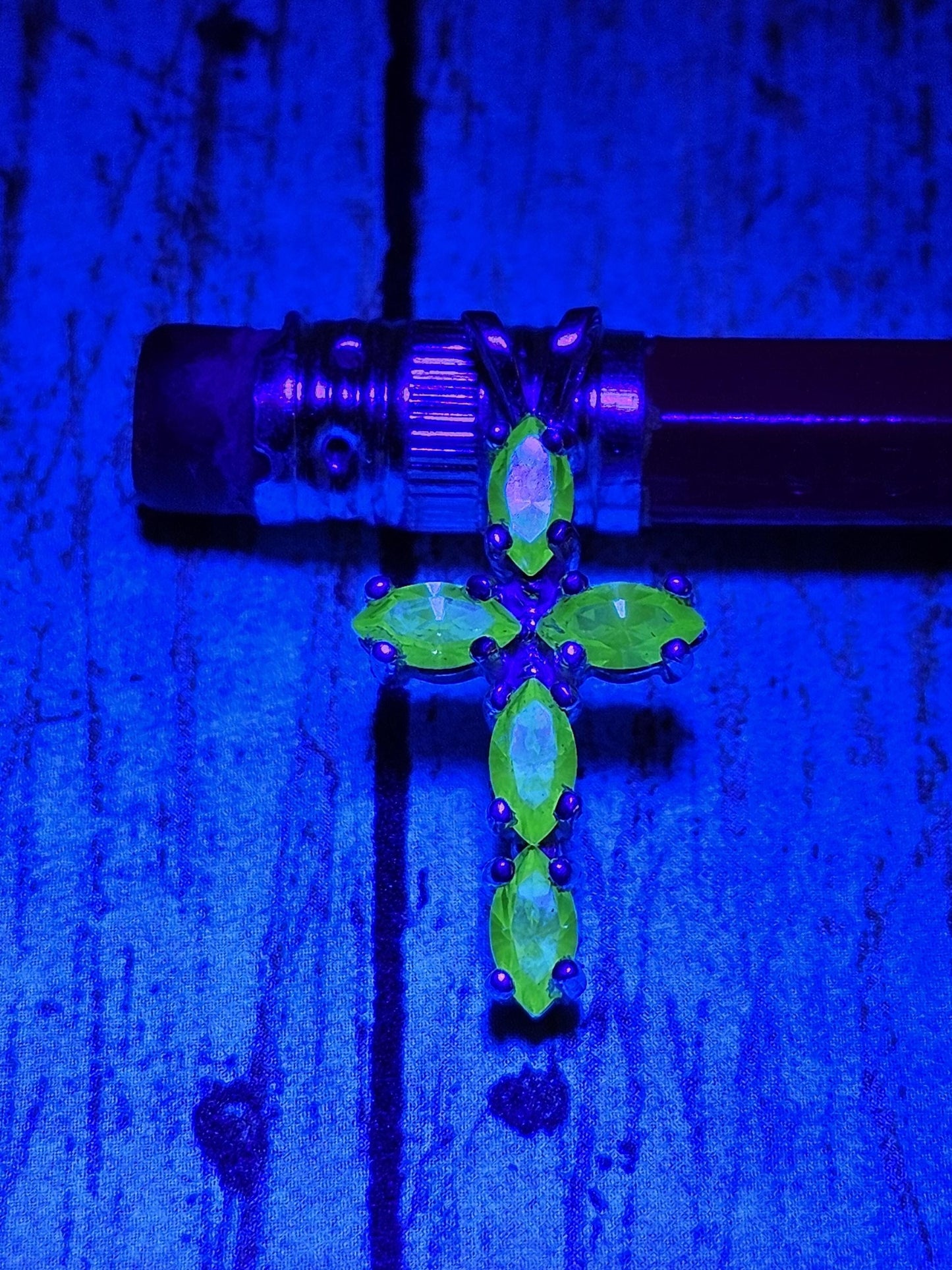 Uranium Glass Pendant new Sterling Silver, Cross design with 6x3 mm vintage Marquee cut Uranium Glass stones that glow under black / UV ligh