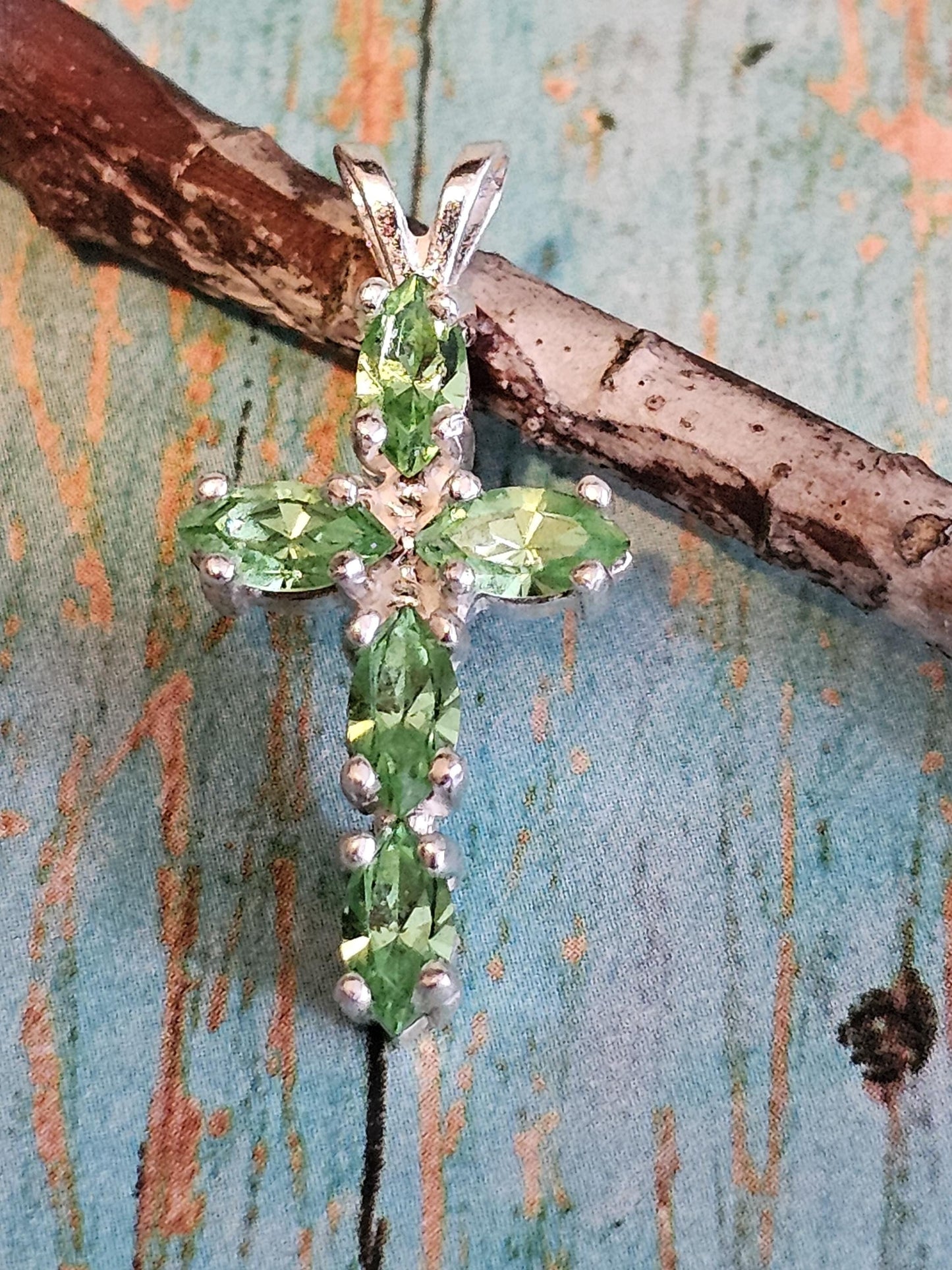 Uranium Glass Pendant new Sterling Silver, Cross design with 6x3 mm vintage Marquee cut Uranium Glass stones that glow under black / UV ligh