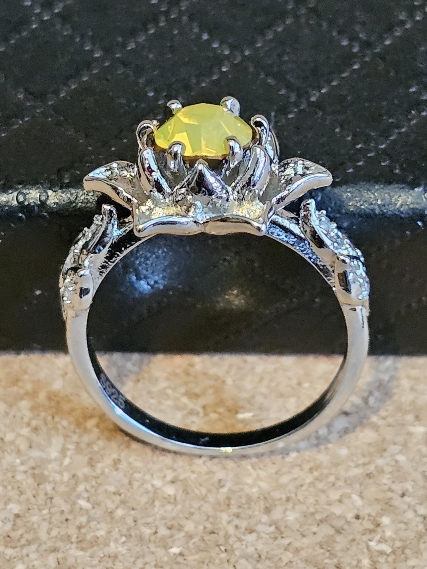 Uranium Glass Round cut Ring Flower style new Sterling Silver size 7 vintage Yellow Uranium glass stone that glows under black / UV light