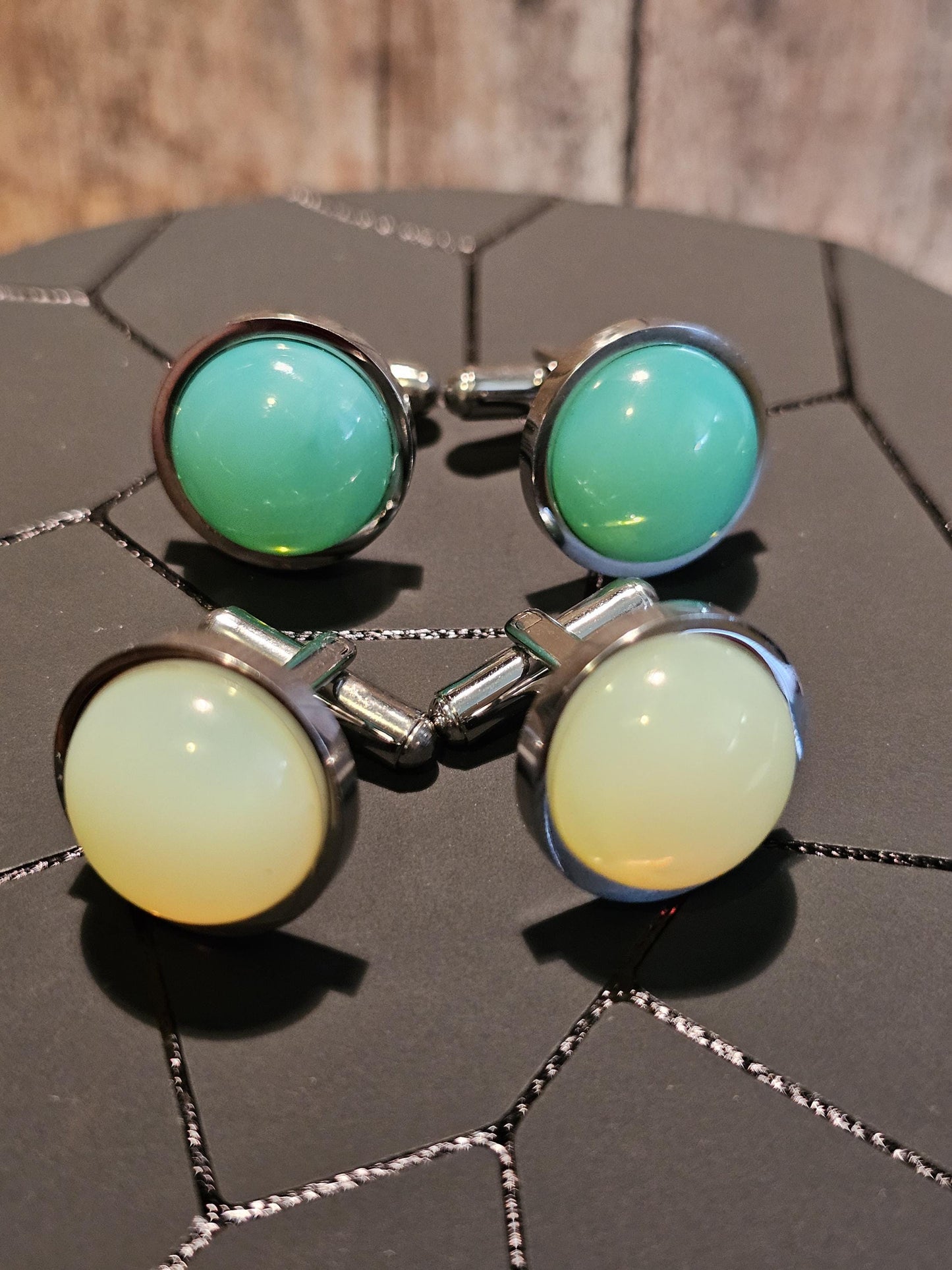 Uranium Glass Cufflinks Titanium 15 mm Round cut Round top Cabochons that are vintage Uranium Glass stones that glow under black / UV light