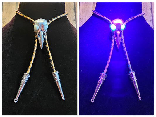 Uranium Glass Bolo Tie Raven skull design leather cord, Charm tips, with vintage Uranium Glass 8 mm beads that glow under black / UV light