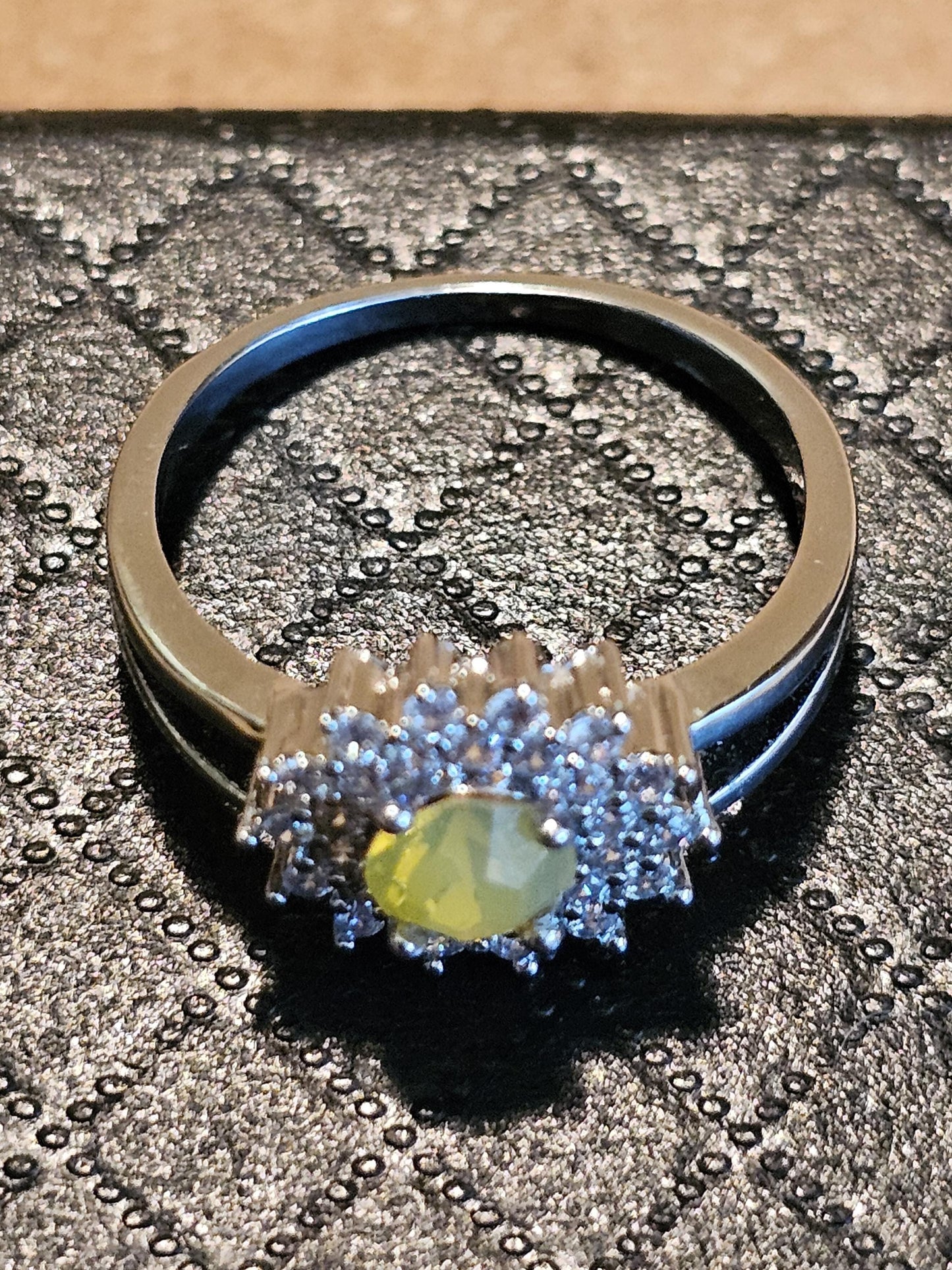 Uranium Glass Round cut Ring Halo style new Sterling Silver size 7 with vintage Yellow Uranium glass stone that glows under black / UV light