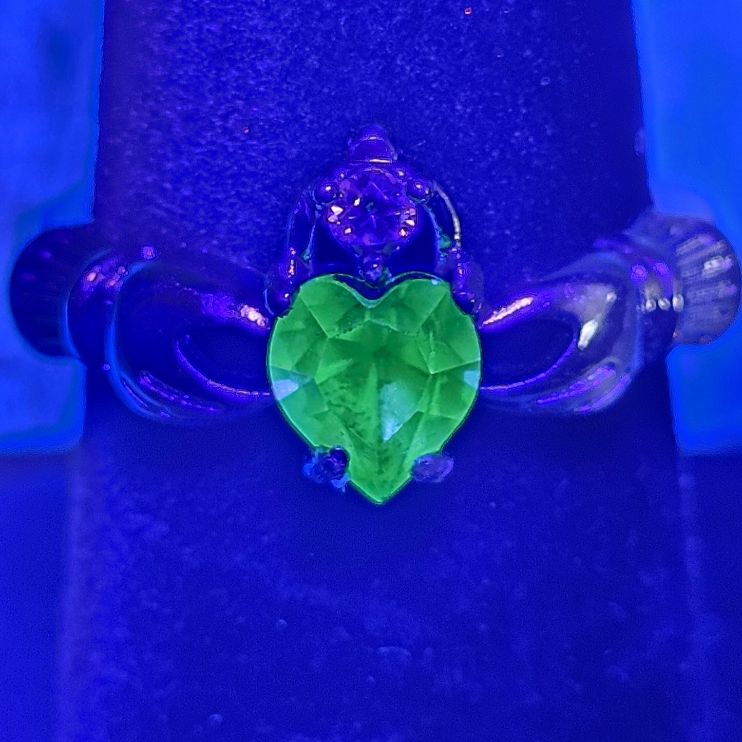 Uranium Glass Heart cut Claddagh Ring in size 6 to 10 new Silver plated with a vintage Uranium glass stone that glows under black/UV light