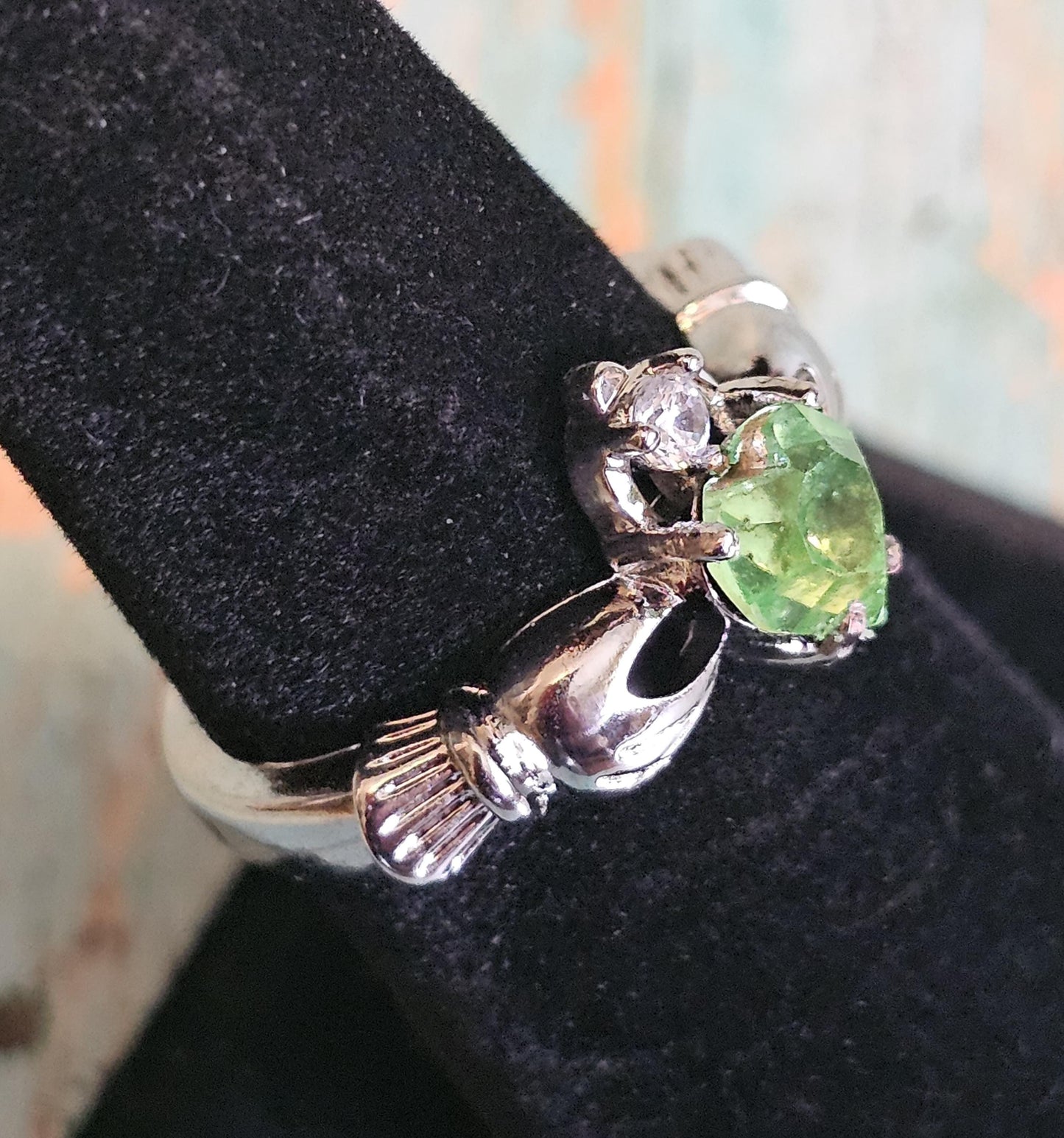Uranium Glass Heart cut Claddagh Ring in size 6 to 10 new Silver plated with a vintage Uranium glass stone that glows under black/UV light