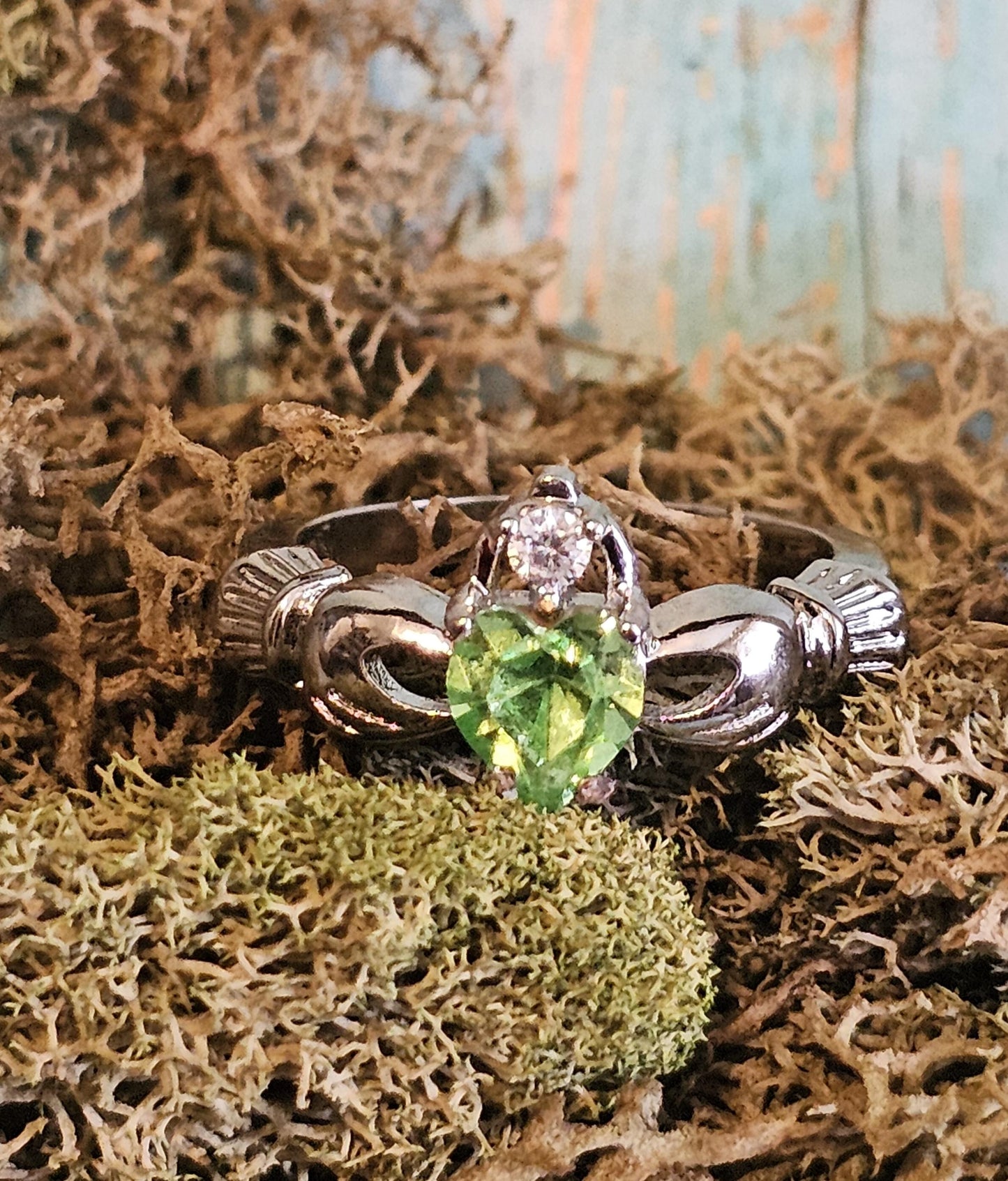 Uranium Glass Heart cut Claddagh Ring in size 6 to 10 new Silver plated with a vintage Uranium glass stone that glows under black/UV light