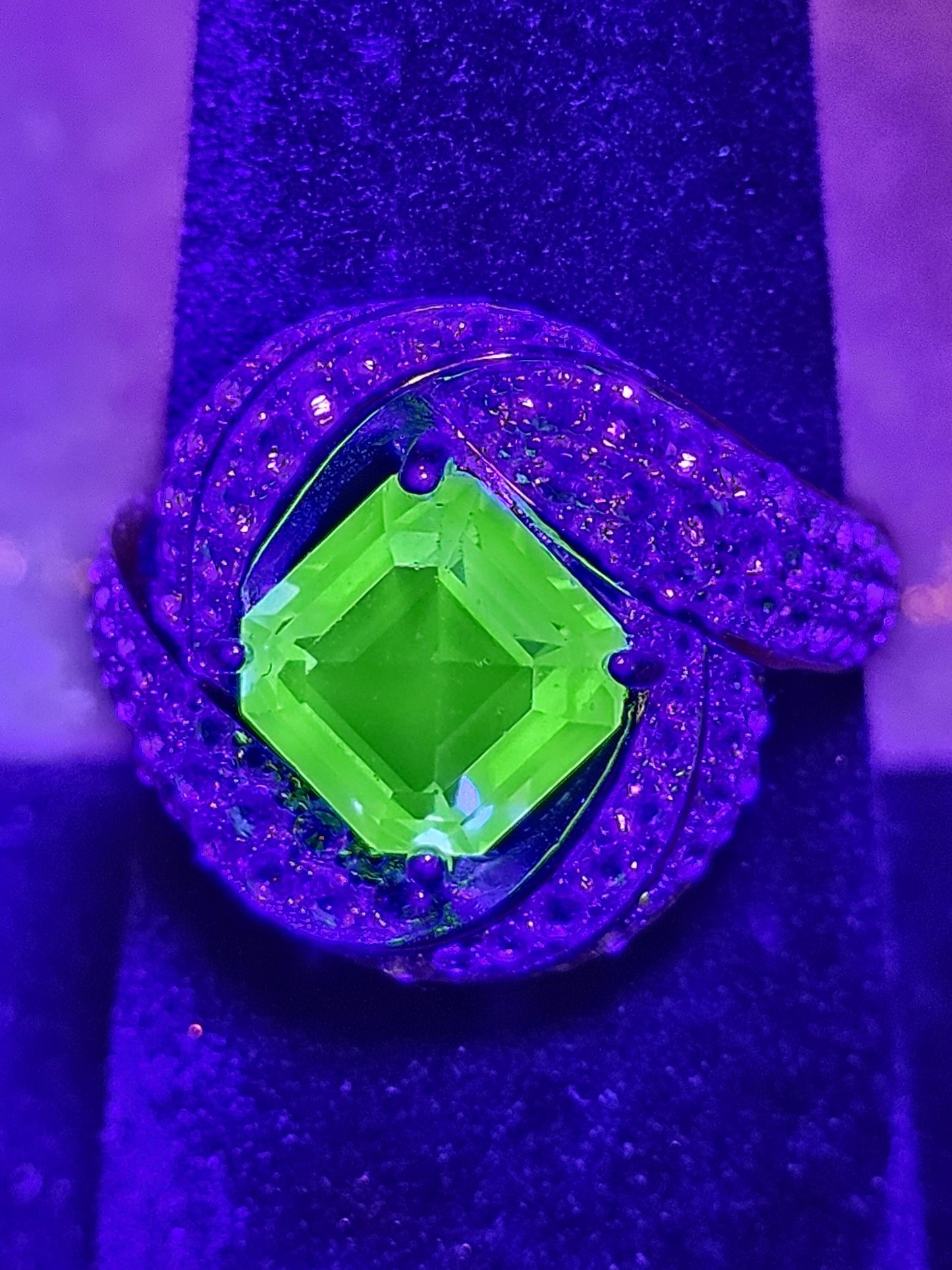 Uranium Glass Asscher cut Ring size 7.5 new Sterling Silver large vintage Uranium glass Square stone that glows under black / UV light