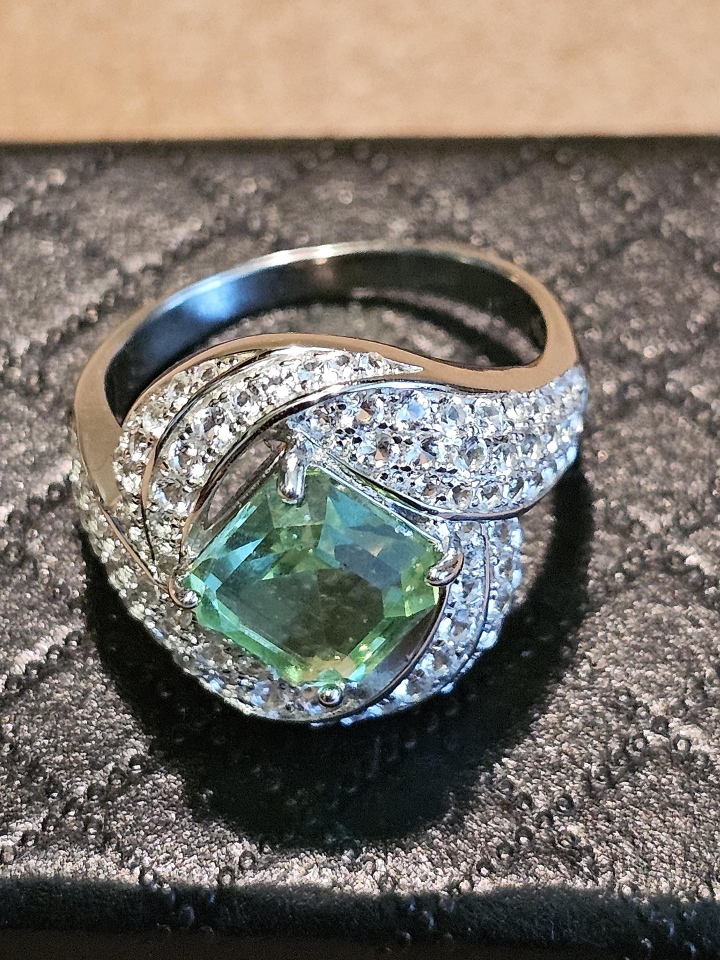Uranium Glass Asscher cut Ring size 7.5 new Sterling Silver large vintage Uranium glass Square stone that glows under black / UV light