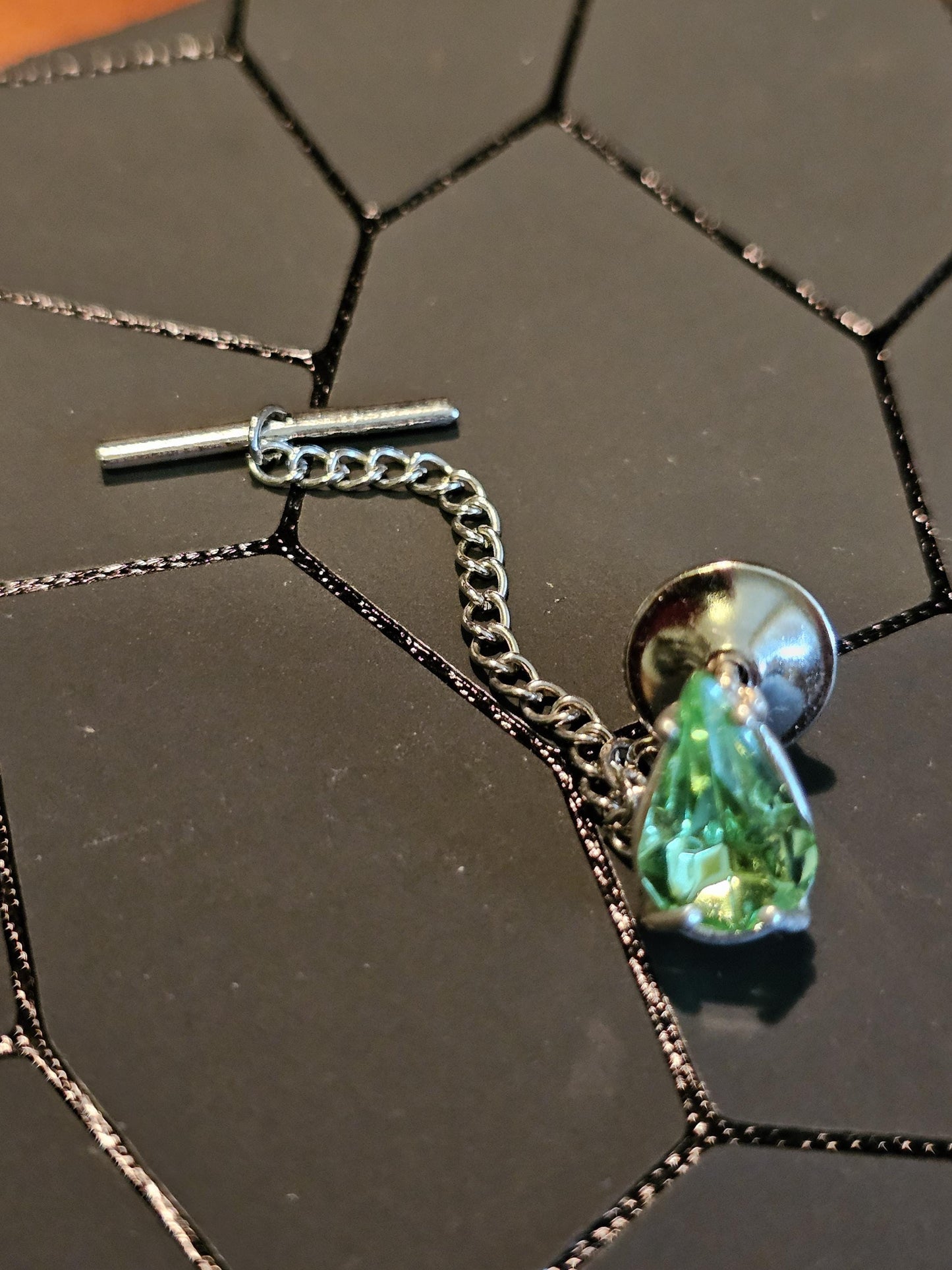 Uranium Glass Tie Tack new Sterling Silver Pear cut vintage Uranium Glass stones in new Sterling Silver that glows under black / UV light