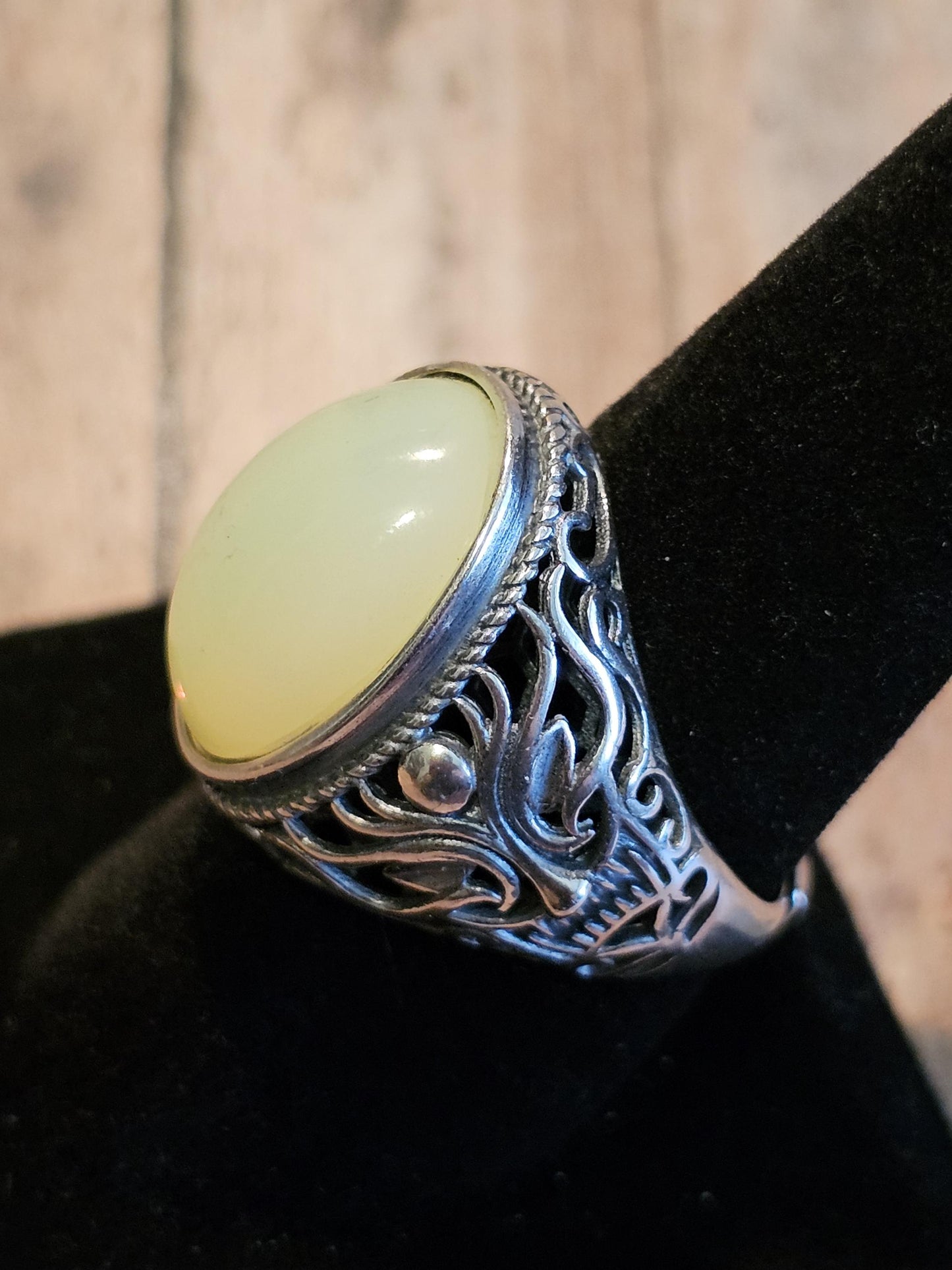 Uranium Glass Men's Ring Adjustable with 18x13 mm vintage Uranium glass Opal or Green colored stone that glows under black / UV light