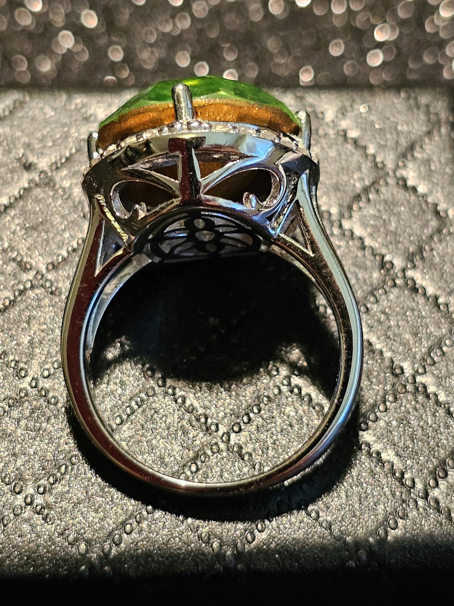 Uranium Glass Round cut Ring size 7, Halo style new Sterling Silver with a large vintage Uranium glass stone that glows under black/UV light