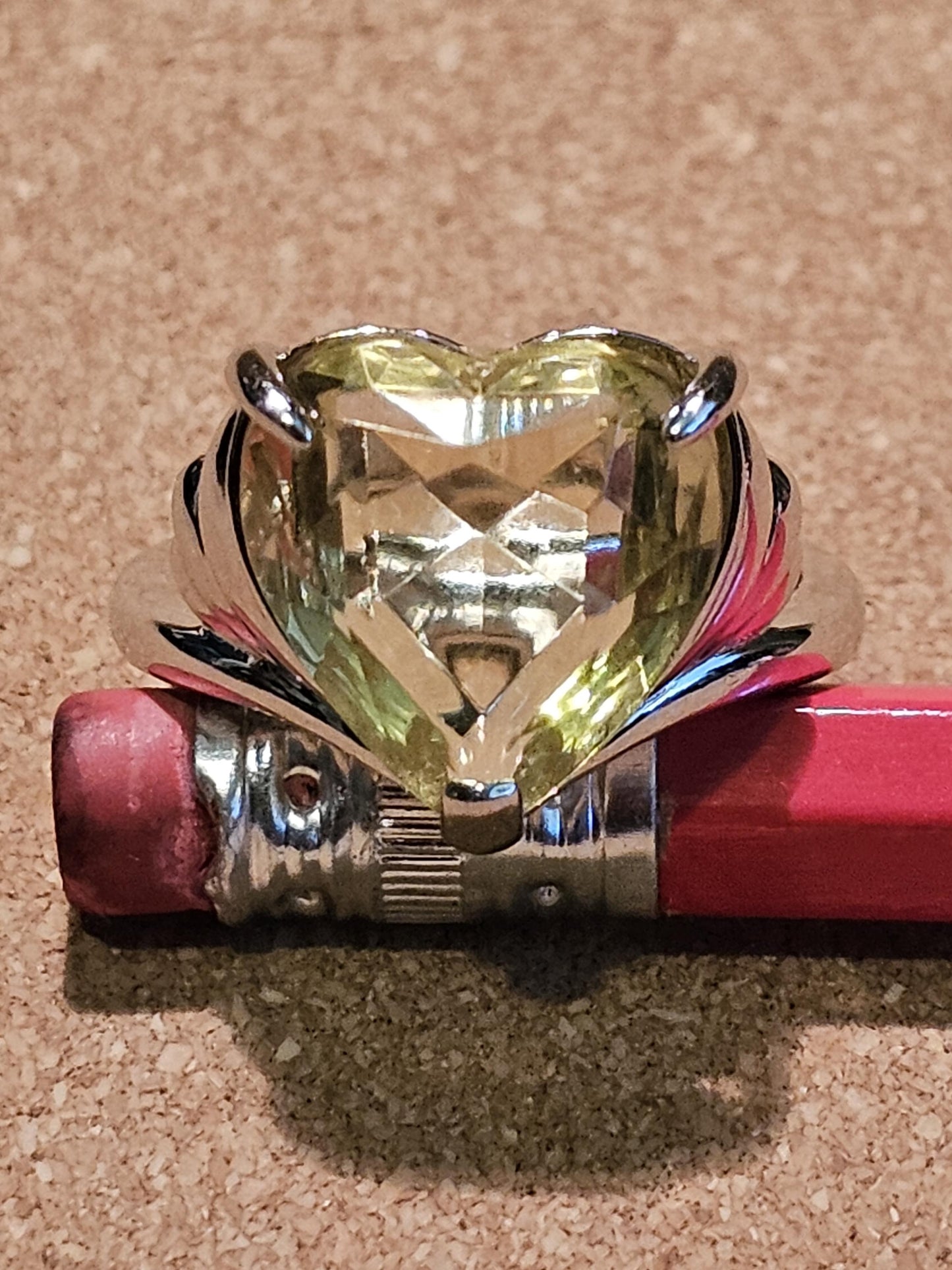 Uranium Glass Heart cut Ring size 7, 9.5. New Sterling Silver with vintage 15 mm Yellow Uranium glass stone that glows under black/UV light