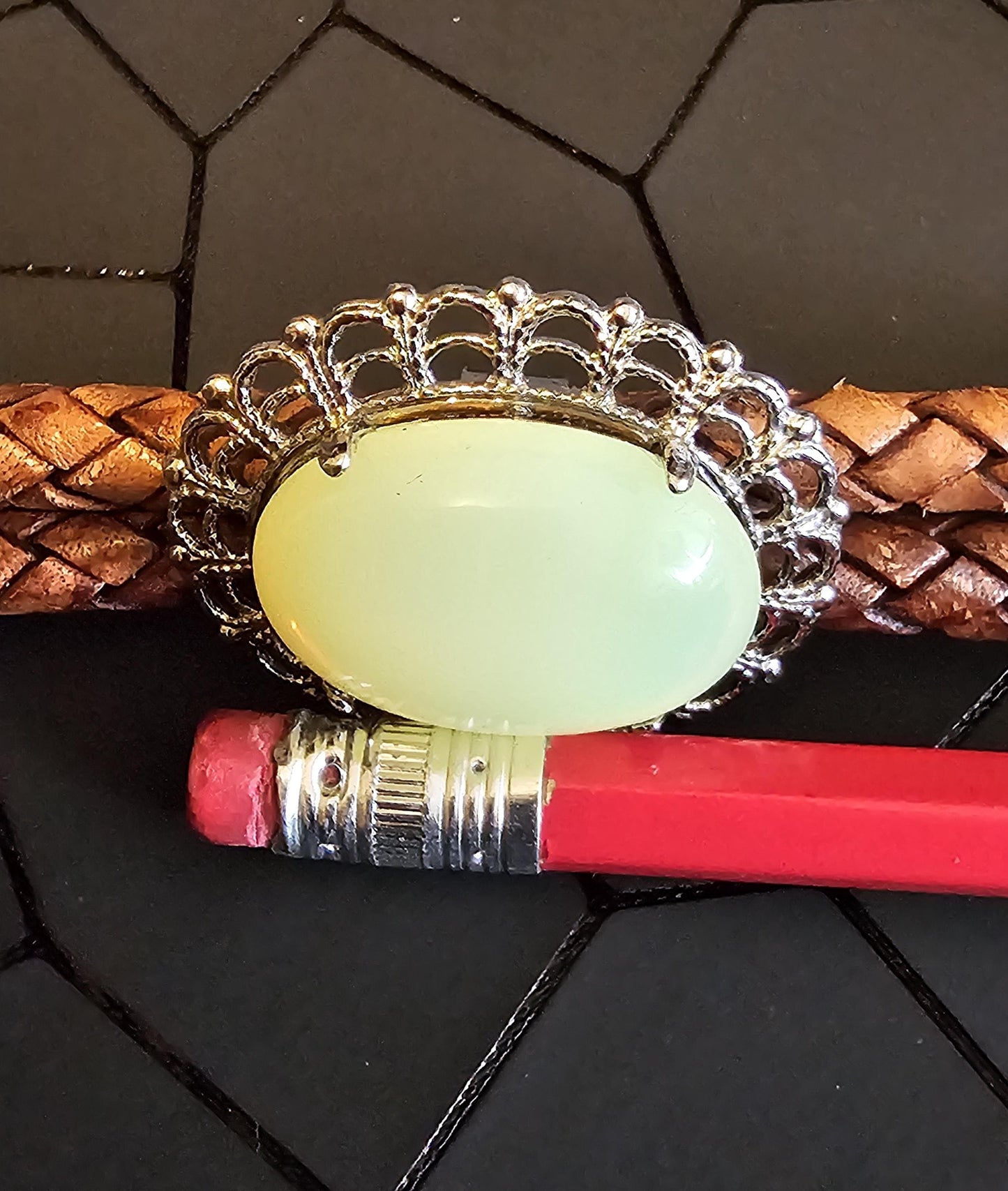 Uranium Glass Bolo Tie 25x18 mm Round top Cabochon cut Oval cut vintage Uranium glass stone Opal or Green that glows under Black / UV light