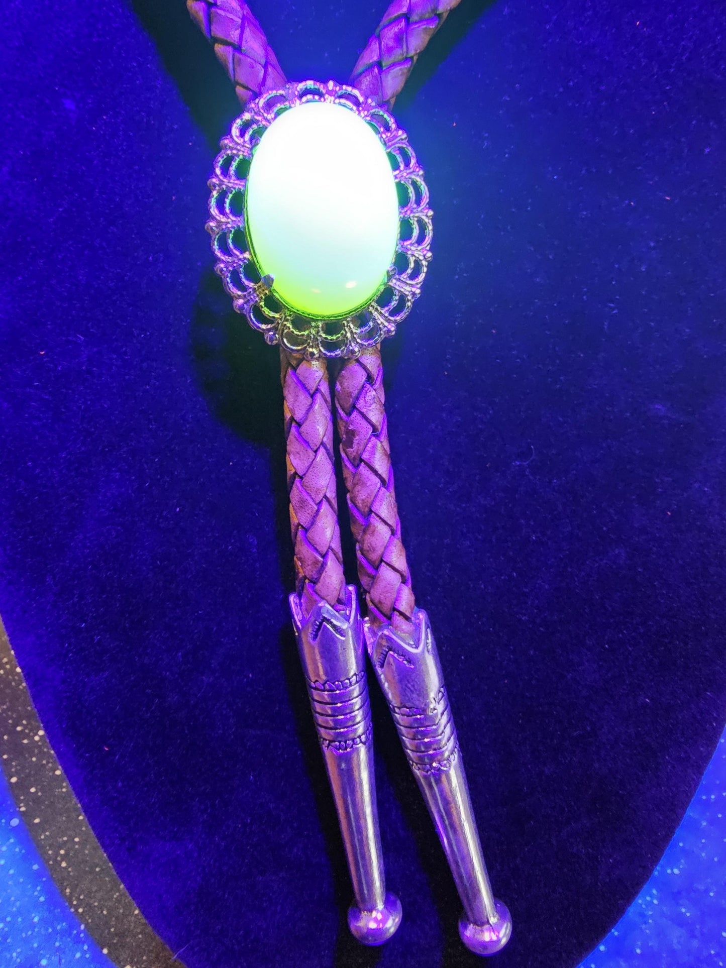 Uranium Glass Bolo Tie 25x18 mm Round top Cabochon cut Oval cut vintage Uranium glass stone Opal or Green that glows under Black / UV light