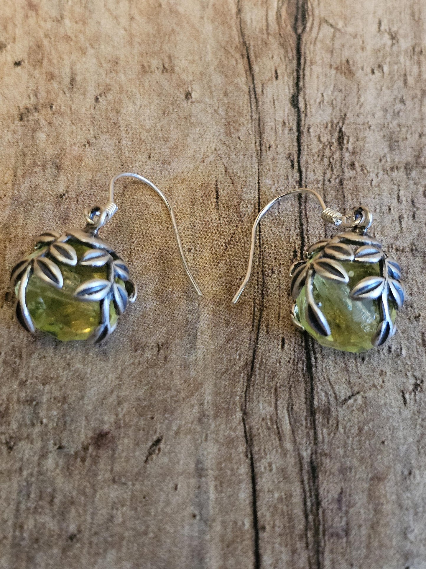 Uranium Glass Earrings new Sterling Silver with large vintage round cut Yellow or Green Uranium Glass beads that glow under black / UV light