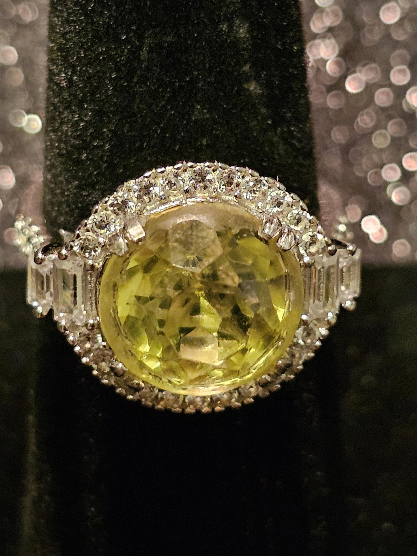 Uranium Glass Round cut Ring size 7.5 New Halo style Sterling Silver with a vintage Yellow Uranium glass stone that glows under black/UV lig