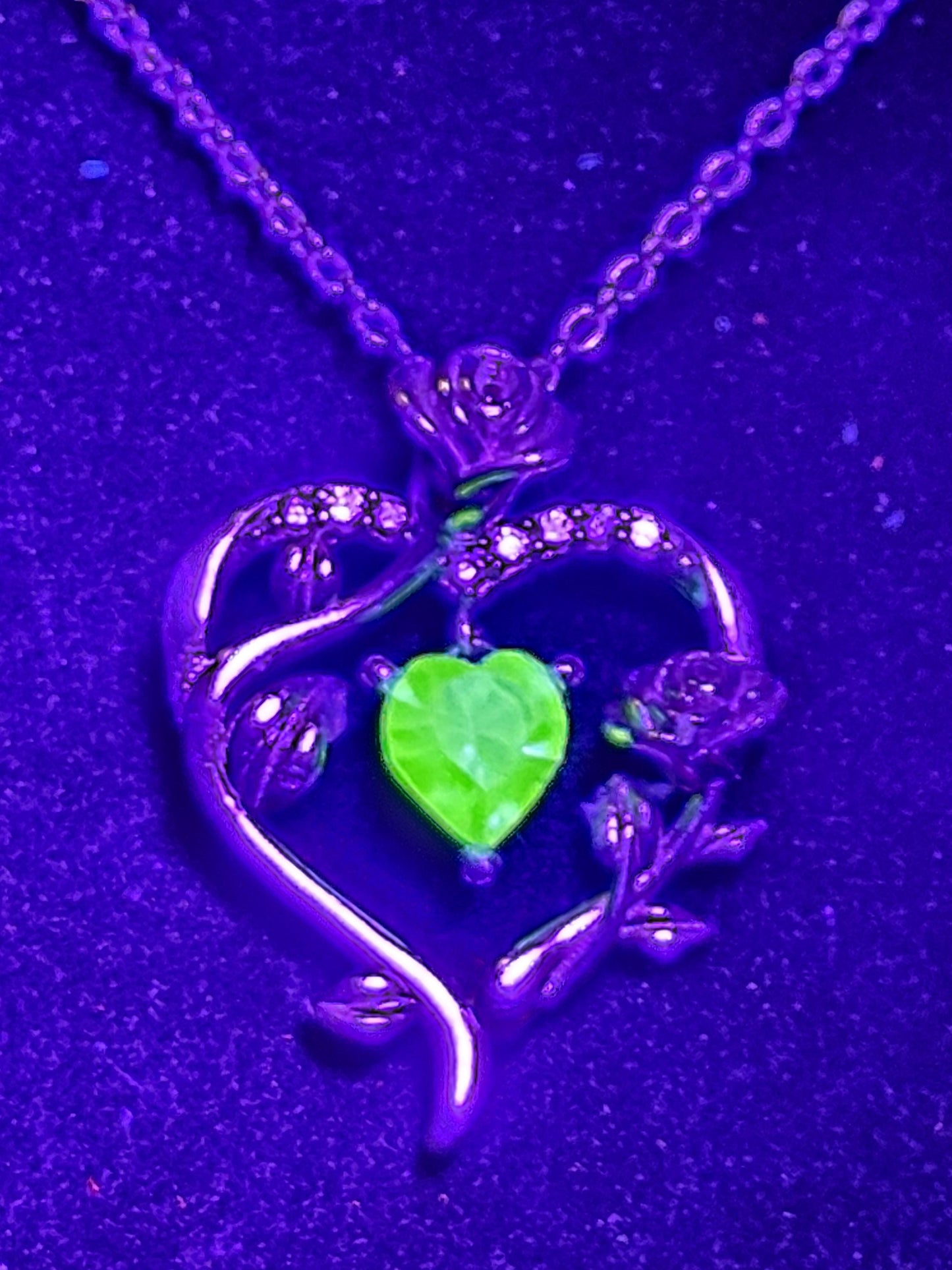 Uranium Glass Pendant w/ necklace, new Sterling Silver setting with vintage Heart cut Uranium glass stone that glows under black/UV light