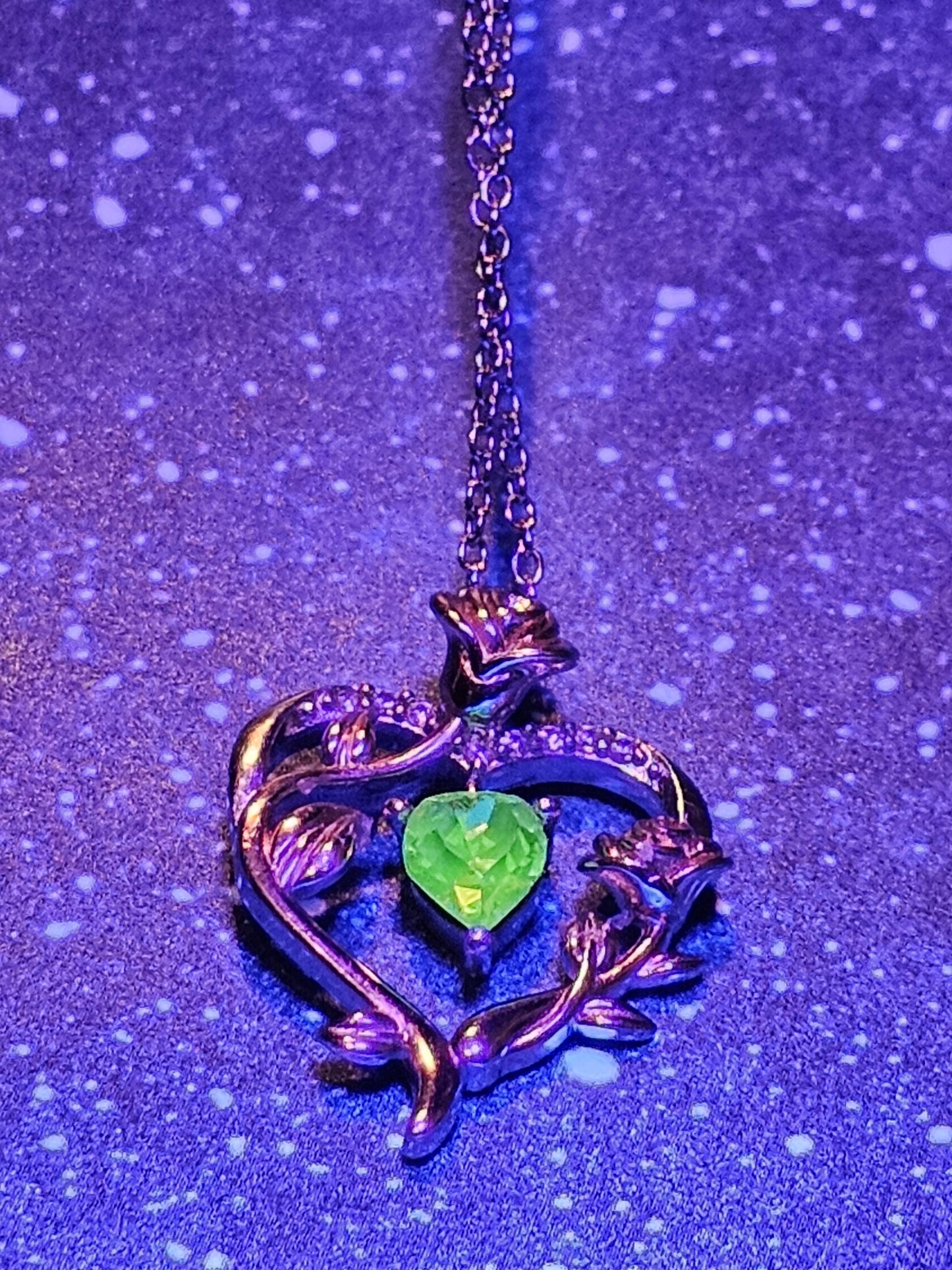 Uranium Glass Pendant w/ necklace, new Sterling Silver setting with vintage Heart cut Uranium glass stone that glows under black/UV light