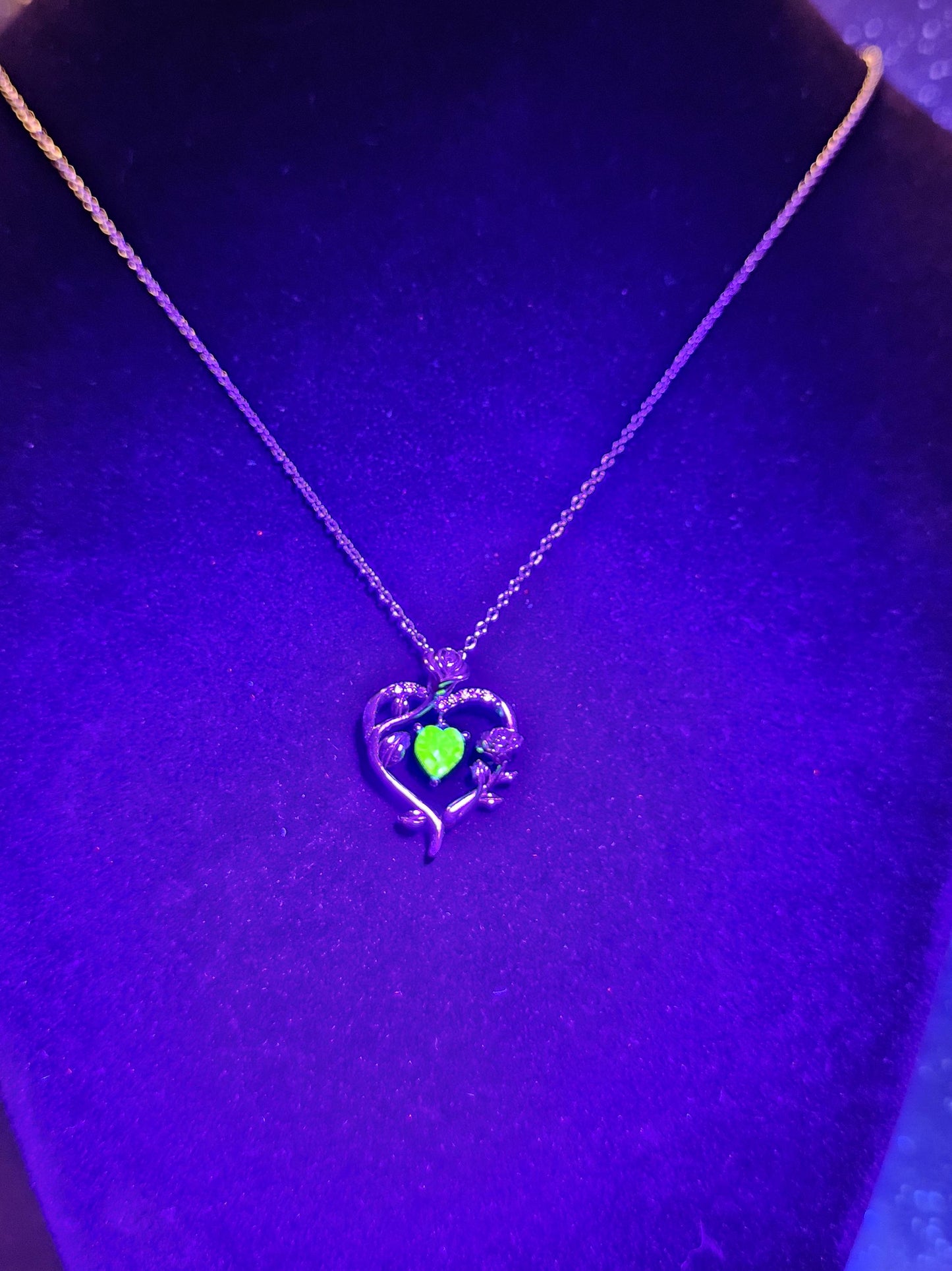 Uranium Glass Pendant w/ necklace, new Sterling Silver setting with vintage Heart cut Uranium glass stone that glows under black/UV light