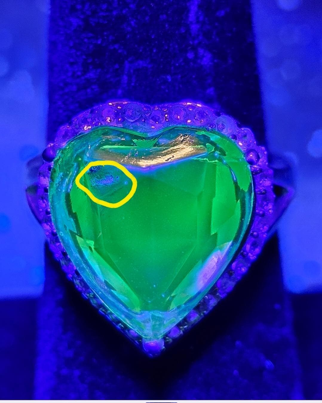 Uranium Glass Heart cut Ring size 7. New Sterling Silver with a vintage 15 mm Yellow Uranium glass stone that glows under black/UV light