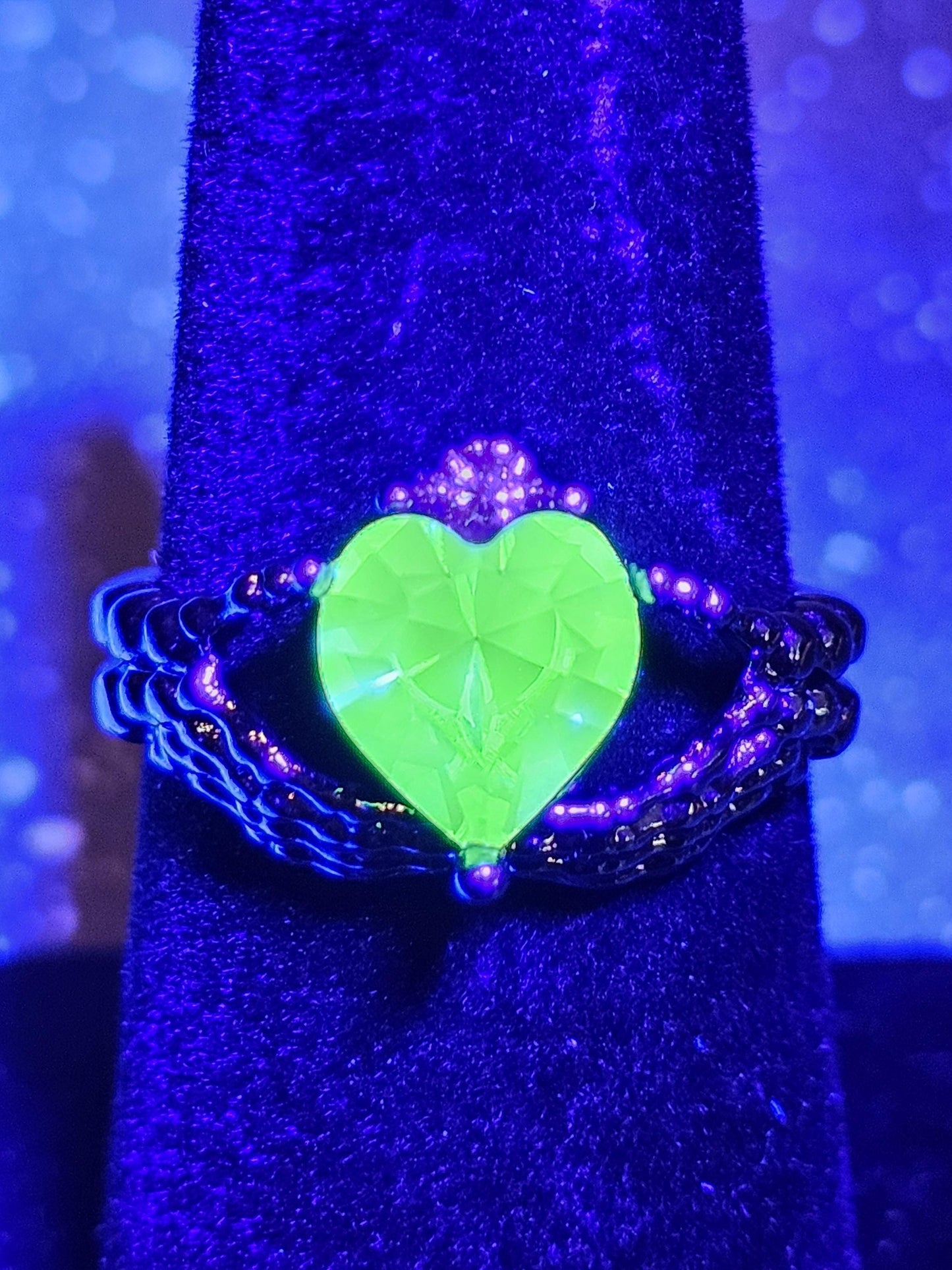 Uranium Glass Heart cut new Elecplated Claddagh Ring in size 6 to 10 with a vintage Uranium glass stone that glows under black/UV light