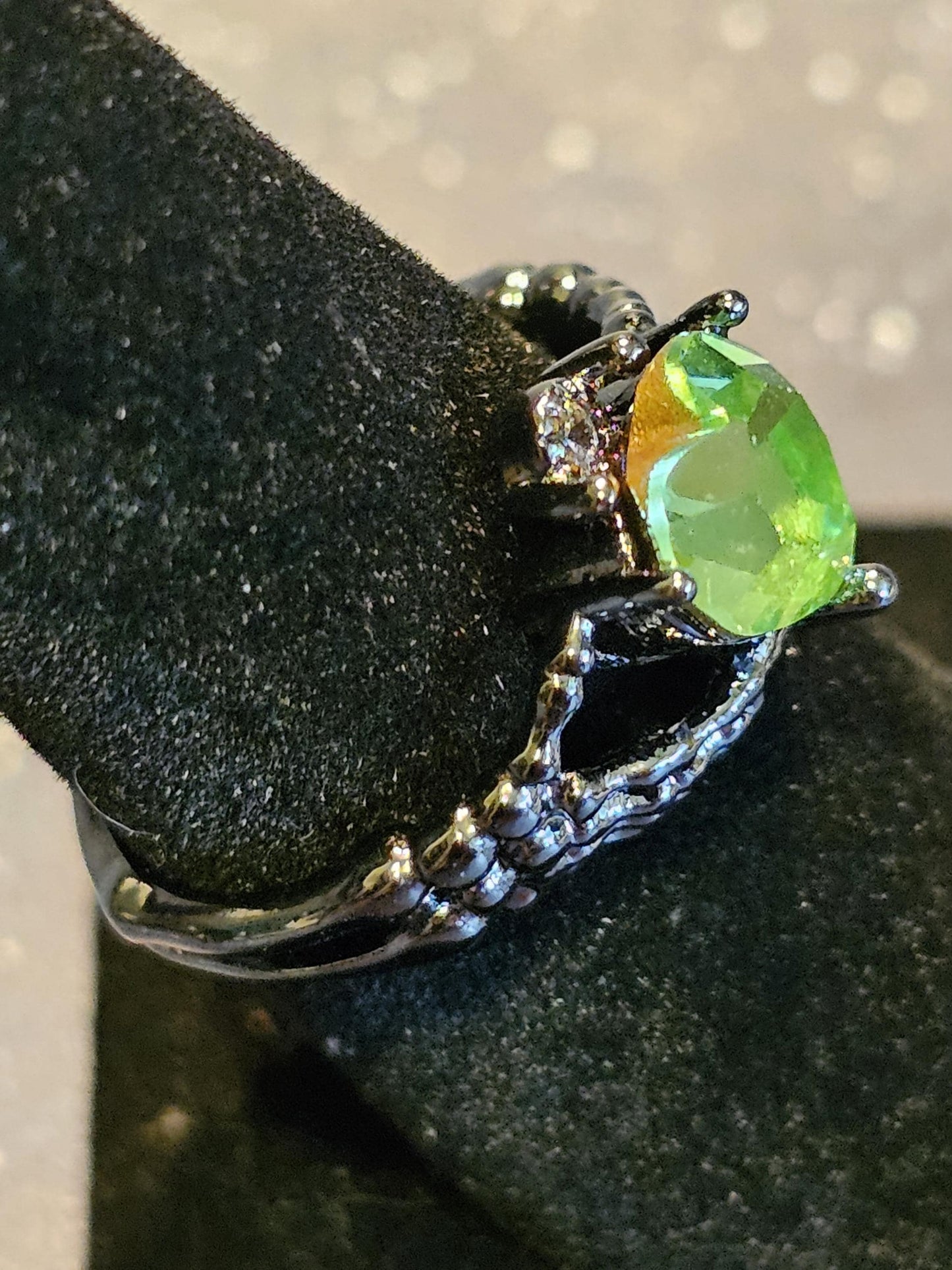 Uranium Glass Heart cut new Elecplated Claddagh Ring in size 6 to 10 with a vintage Uranium glass stone that glows under black/UV light