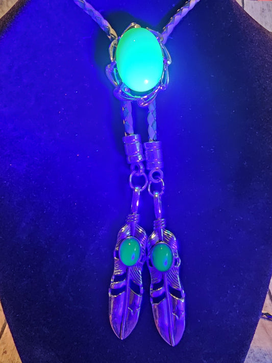 Uranium Glass Bolo Tie,  Leather cord, 4 tip choices vintage Jade/Green 25x18 mm Uranium Glass  stone that glow under black/UV light