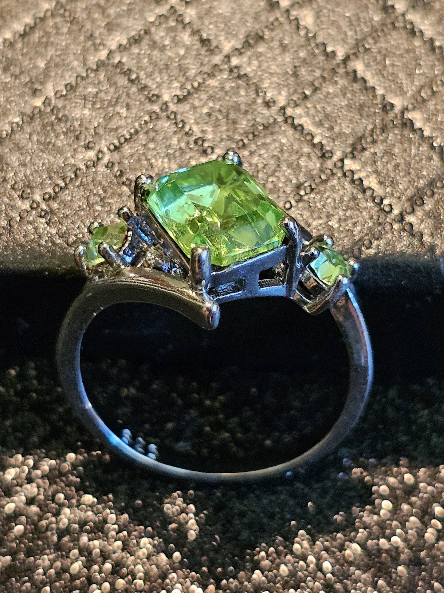 Uranium Glass Emerald cut Ring in size Stirling Silver with a vintage 10x8mm and 4mm Uranium glass stones that glow under black / UV light