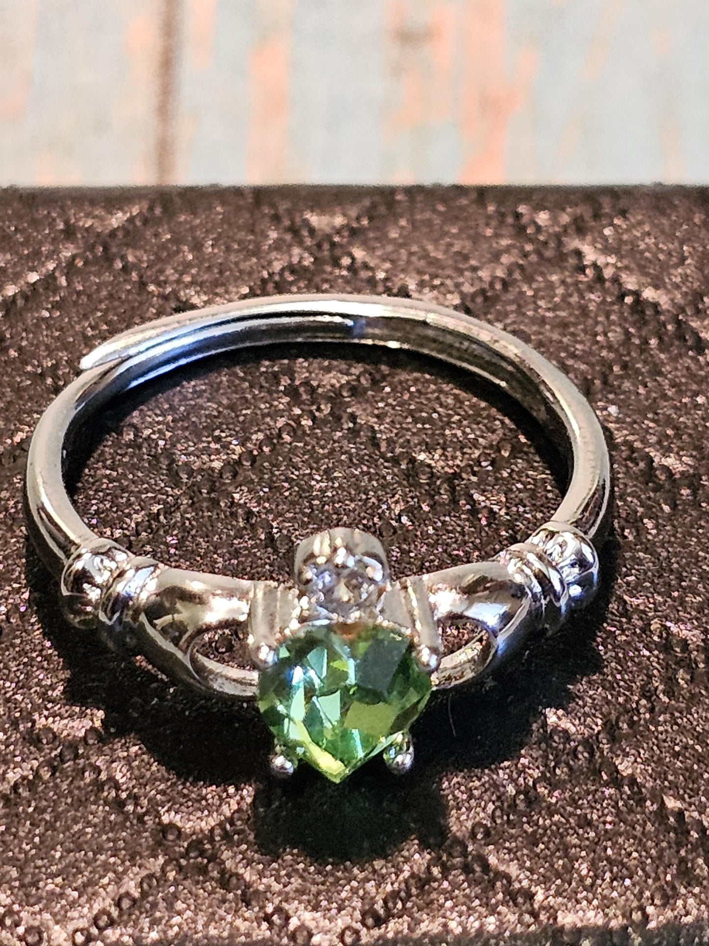 Uranium Glass Heart cut Claddagh Ring adjustable size new Sterling Silver with a vintage Uranium glass stone that glows under black/UV light
