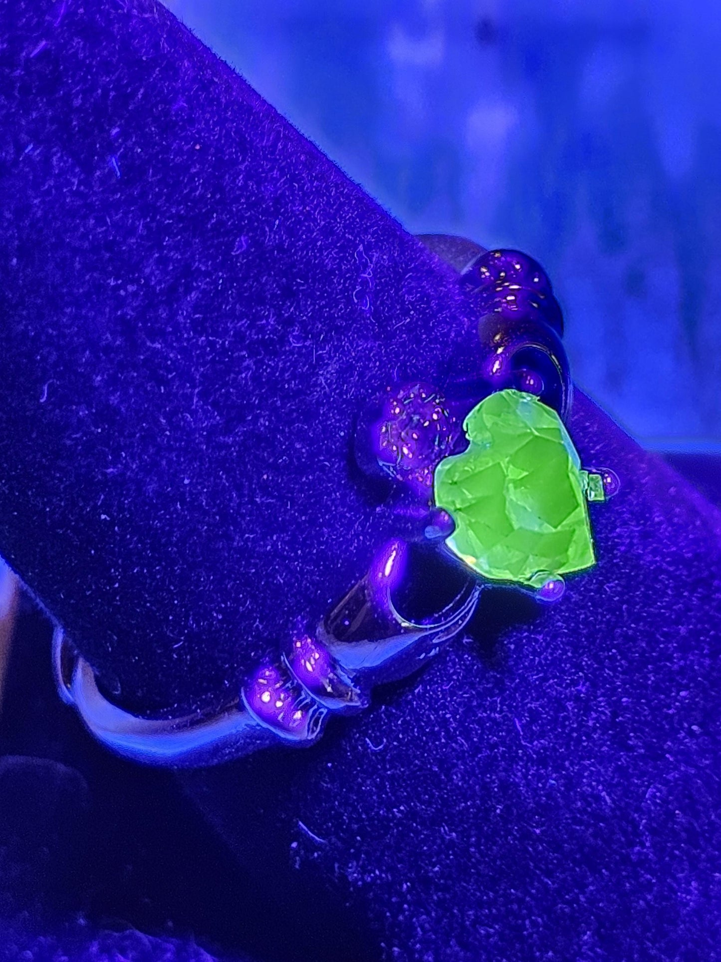 Uranium Glass Heart cut Claddagh Ring adjustable size new Sterling Silver with a vintage Uranium glass stone that glows under black/UV light