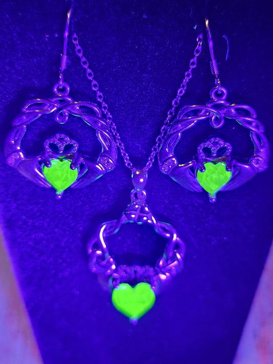 Uranium Glass Pendant w/ Earrings Claddagh gift set Sterling Silver with vintage Uranium glass stone that glows under black/UV light